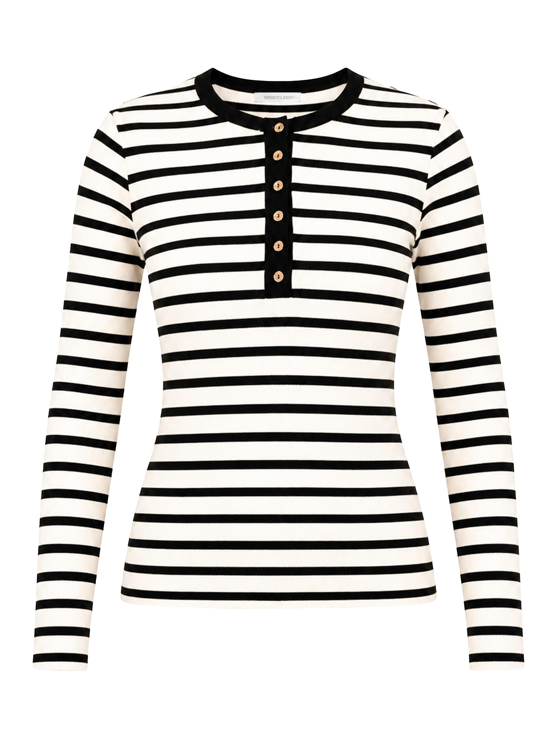 SASSYCLASSY Langarmshirt Top mit Streifen und V-Ausschnitt für Damen Modernes Shirt mit langen Armen in Schwarz Weiß – Bild 2 von 5