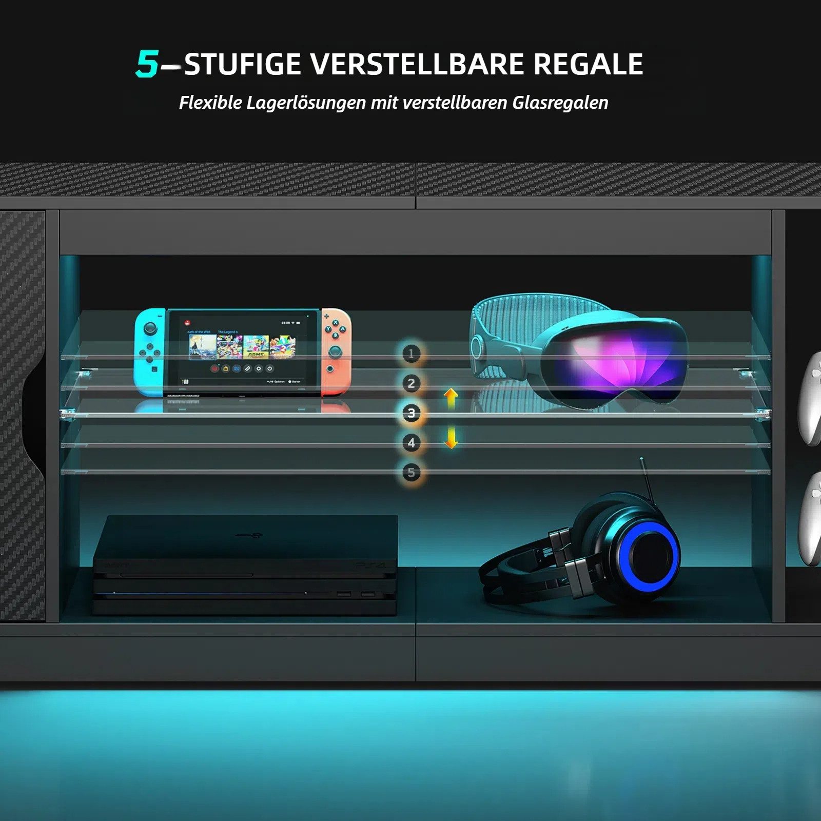 Bestier TV-Schrank Lowboard für 65 Zoll & kleinere TVs, 144.8 x 35 x 52 cm, (Fernsehschrank mit RGB-LED-Leuchten) Fernsehtisch mit verstellbaren Glasböden für Wohnzimmer, Schwarze