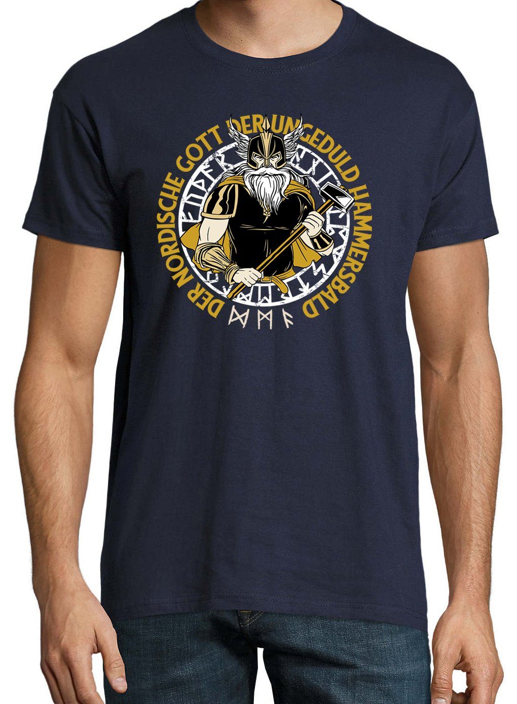 Youth Designz T-Shirt Hammersbald Herren Shirt Navyblau trendigem Der mit Frontprint Nordische Gott