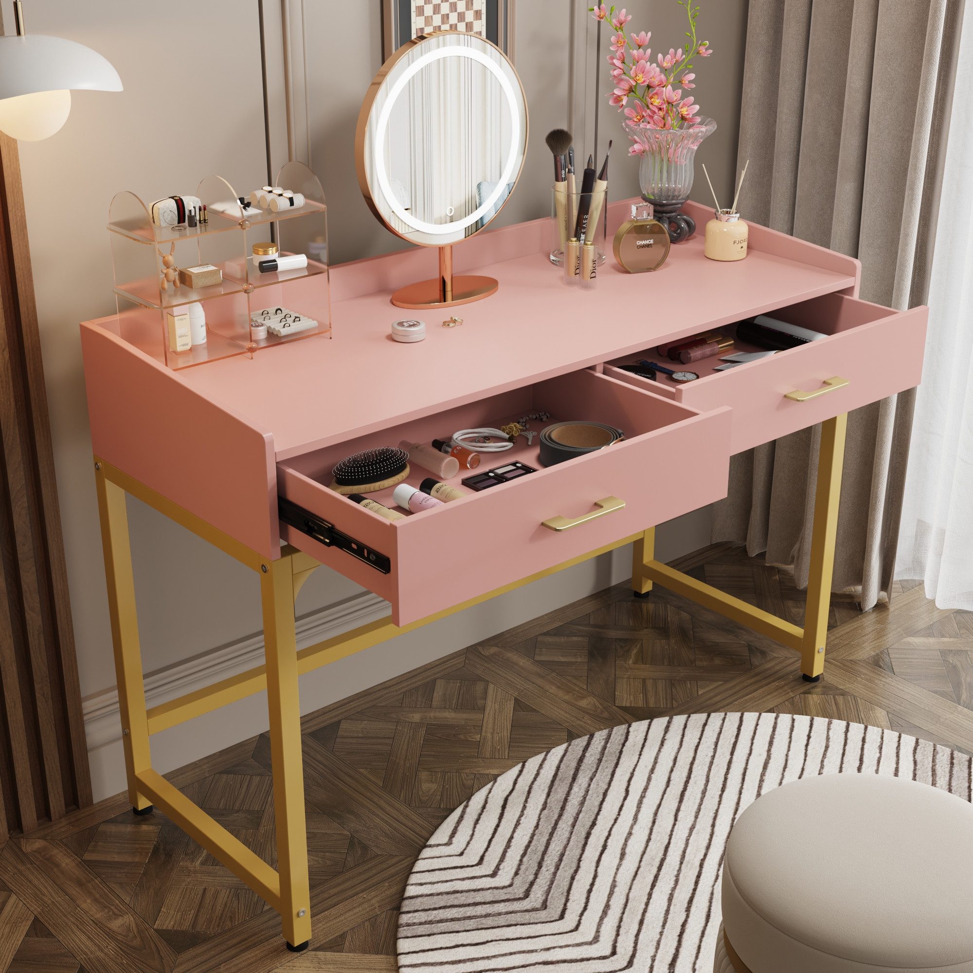 OYRREU Schreibtisch mit Schubladen/Monitorständer/Rückwand, modern, vintage Schminktisch (Set, mit Aufbewahrung), freistehender Schminktisch Boudoir