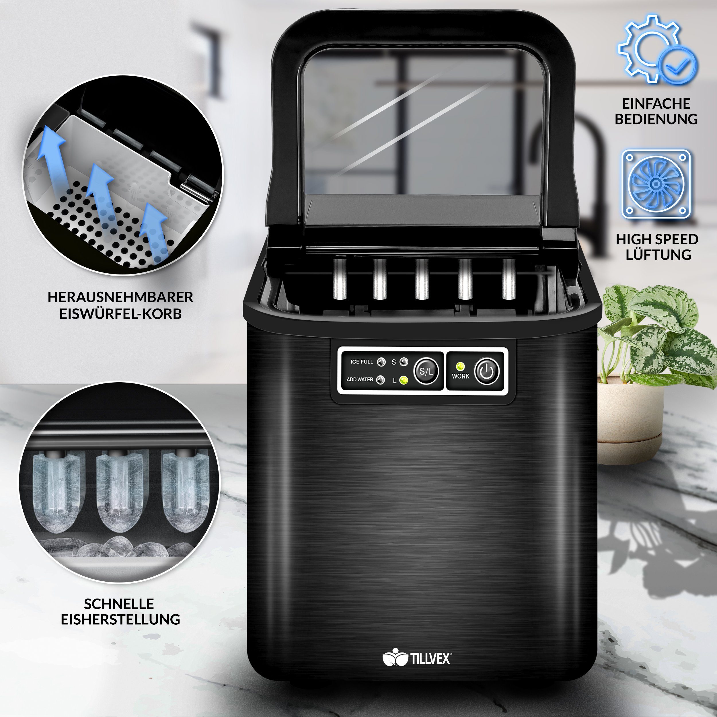 tillvex Eiswürfelmaschine 2,2 Liter Wassertank Ice-Maker LED-Display & Selbstreinigungsfunktion, Edelstahl 12 kg - 24 h, Eiswürfelbereiter