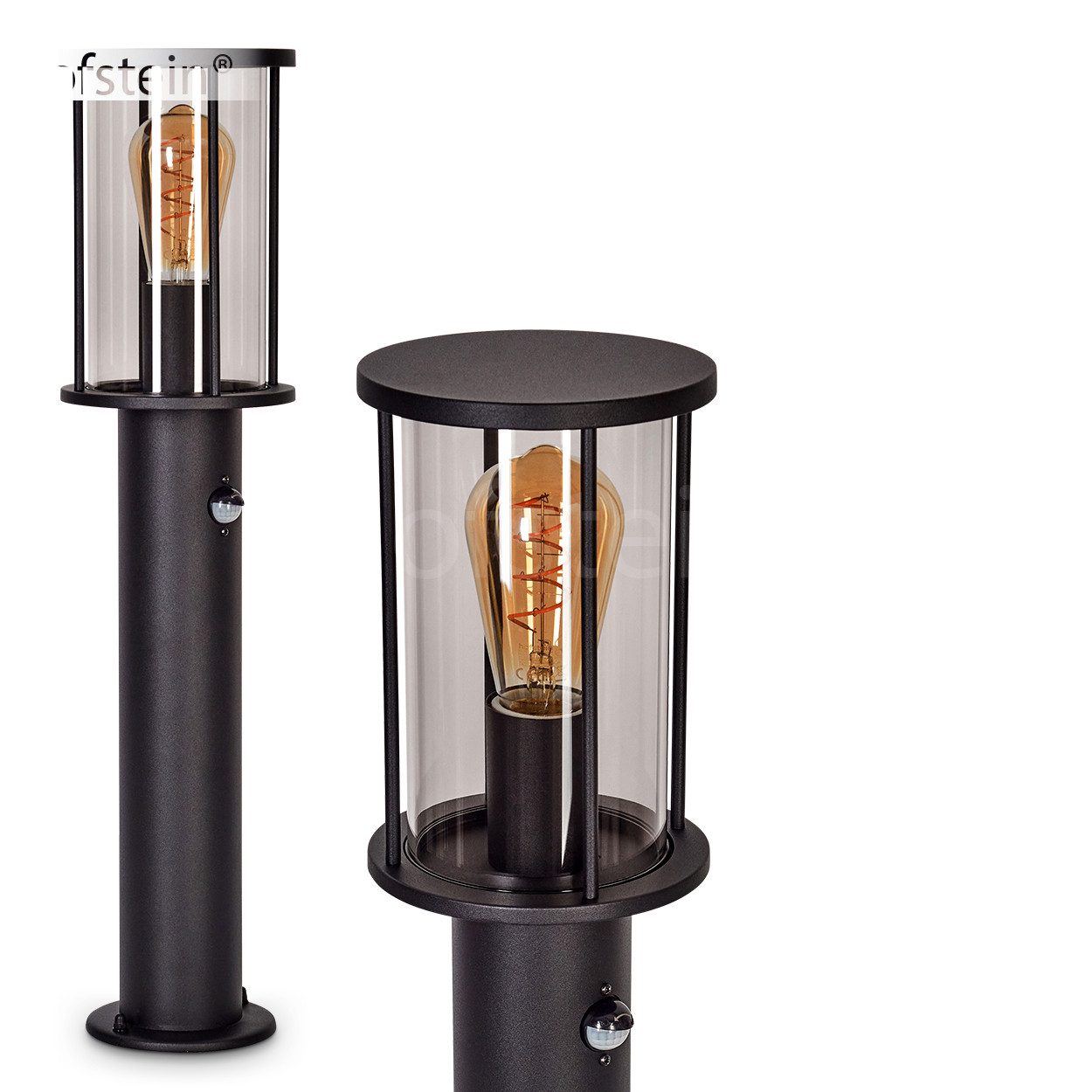hofstein Pollerleuchte mit Bewegungsmelder, ohne Leuchtmittel, aus Metall/Glas in Schwarz/Rauchfarben, Wegeleuchte 60cm, IP54, 1x E27