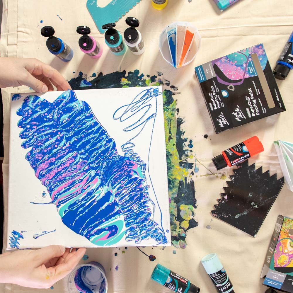 Mont Marte Bastelfarbe SuperCell® Pouring Acrylfarbe, Gieß-Acryl, je 4 x 60 ml, diverse Sets, Untereinander vermischbar & Bereits mit Pouring Medium vorgemischt