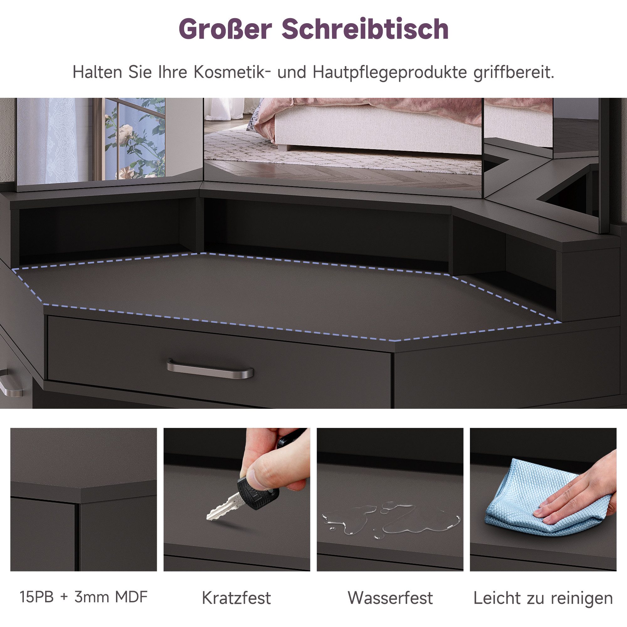 SONNI Schminktisch Eckschminktisch mit/ohne LED-Beleuchtung, Weiß & Schwarz, Eck-Schminktisch, mit LED-Beleuchtung und Spiegel, 110 x 141.5 cm
