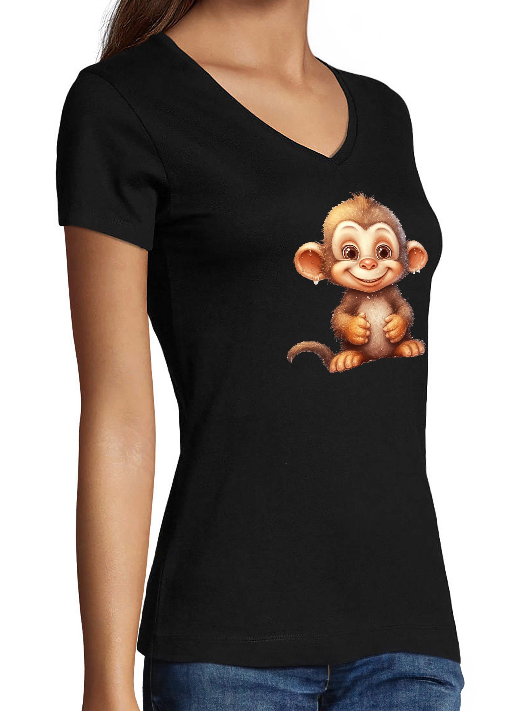 MyDesign24 T-Shirt Damen Affe Fit schwarz Wildtier V-Ausschnitt Baumwollshirt Schimpanse Print Baby mit Aufdruck Slim - Shirt
