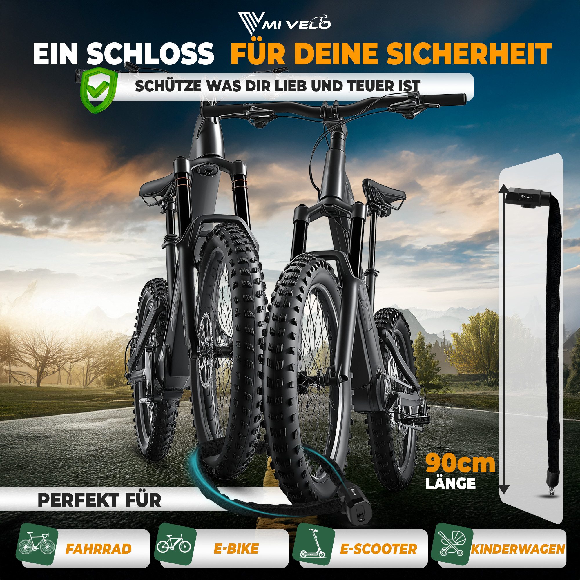 MIVELO Kettenschloss MIVELO FAHRRADSCHLOSS 90 cm Fahrrad Schloss (mit Schlüssel), Vierkantstahl - Hohe Sicherheit