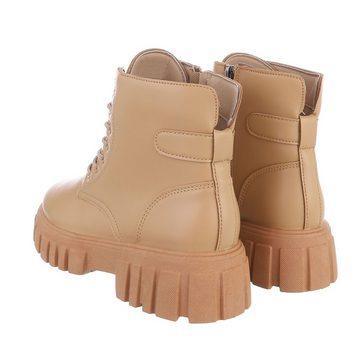 Ital-Design Damen Schnürschuhe Freizeit Stiefelette Blockabsatz Plateaustiefeletten in Hellbraun