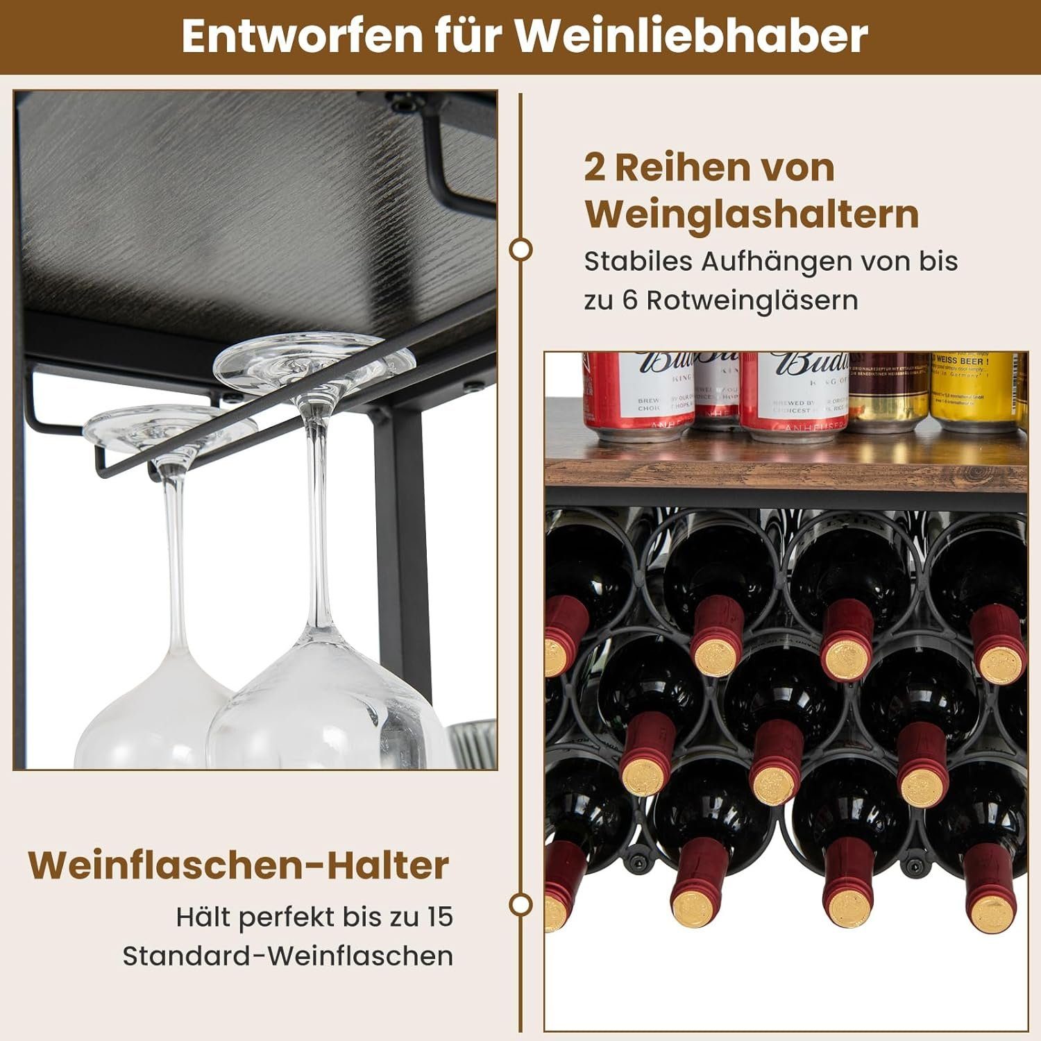 KOMFOTTEU Weinregal Flaschenregal, für 22 Flaschen, mit Steckdosen
