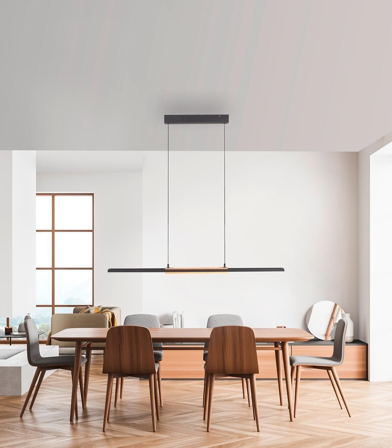 MONDO LED Pendelleuchte FAMERA, 2-flammig, Braun, Schwarz, Eichenholz, Anpassung der Farbtemperatur, Dimmfunktion, LED fest integriert, Metall, Höhenverstellbar, mit Fernbedienung, 115 x 180 cm