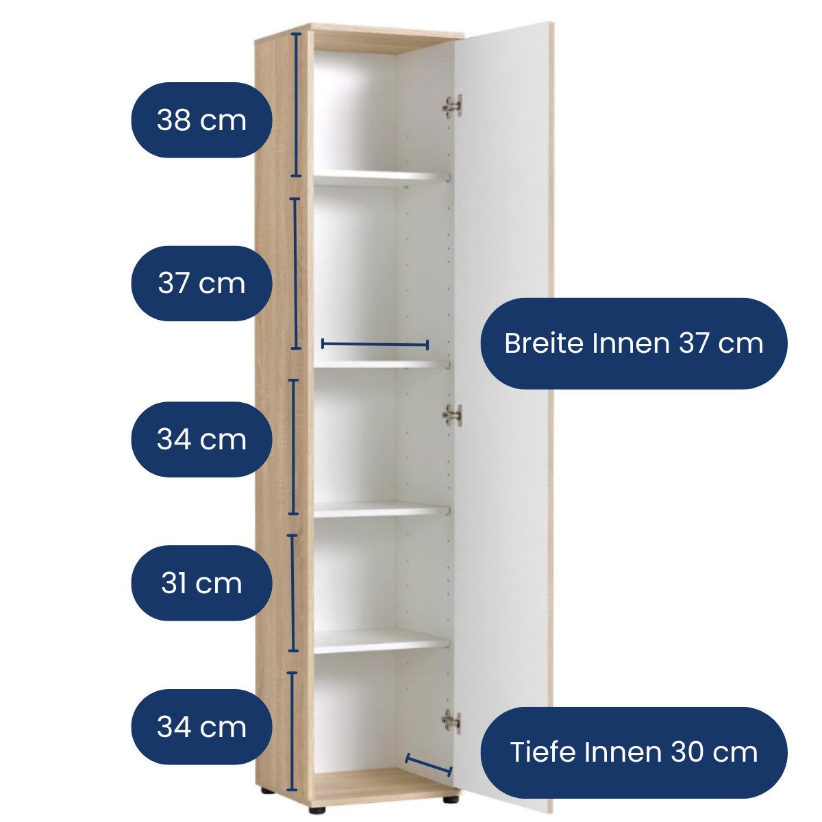 Home Collective Mehrzweckschrank Schmaler Schrank 40 cm breit mit 1 Tür & 4 Einlegeböden (Universalschrank Haushaltsschrank für Haushalt, Flur, Büro oder Schlafzimmer) 40x35x184 cm (BxTxH), Sonoma Eiche