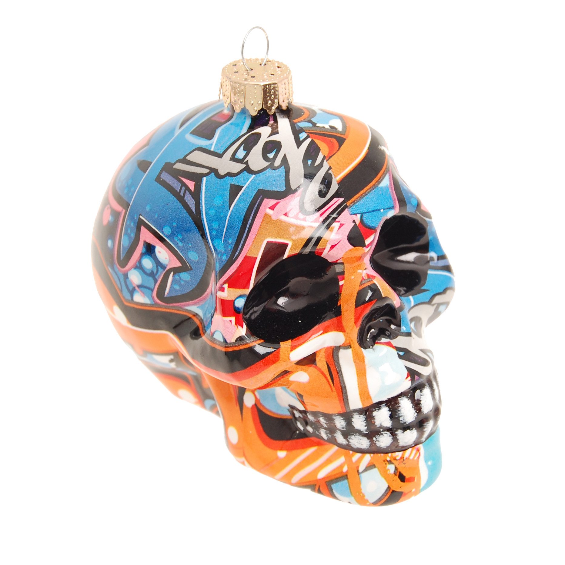 Krebs Glas Lauscha Christbaumschmuck Weihnachtsbaumschmuck - Totenkopf "Street Art" Graffiti-Design - 10cm, aus Glas - handgefertigt und mundgeblasen - extravagante Dekoration