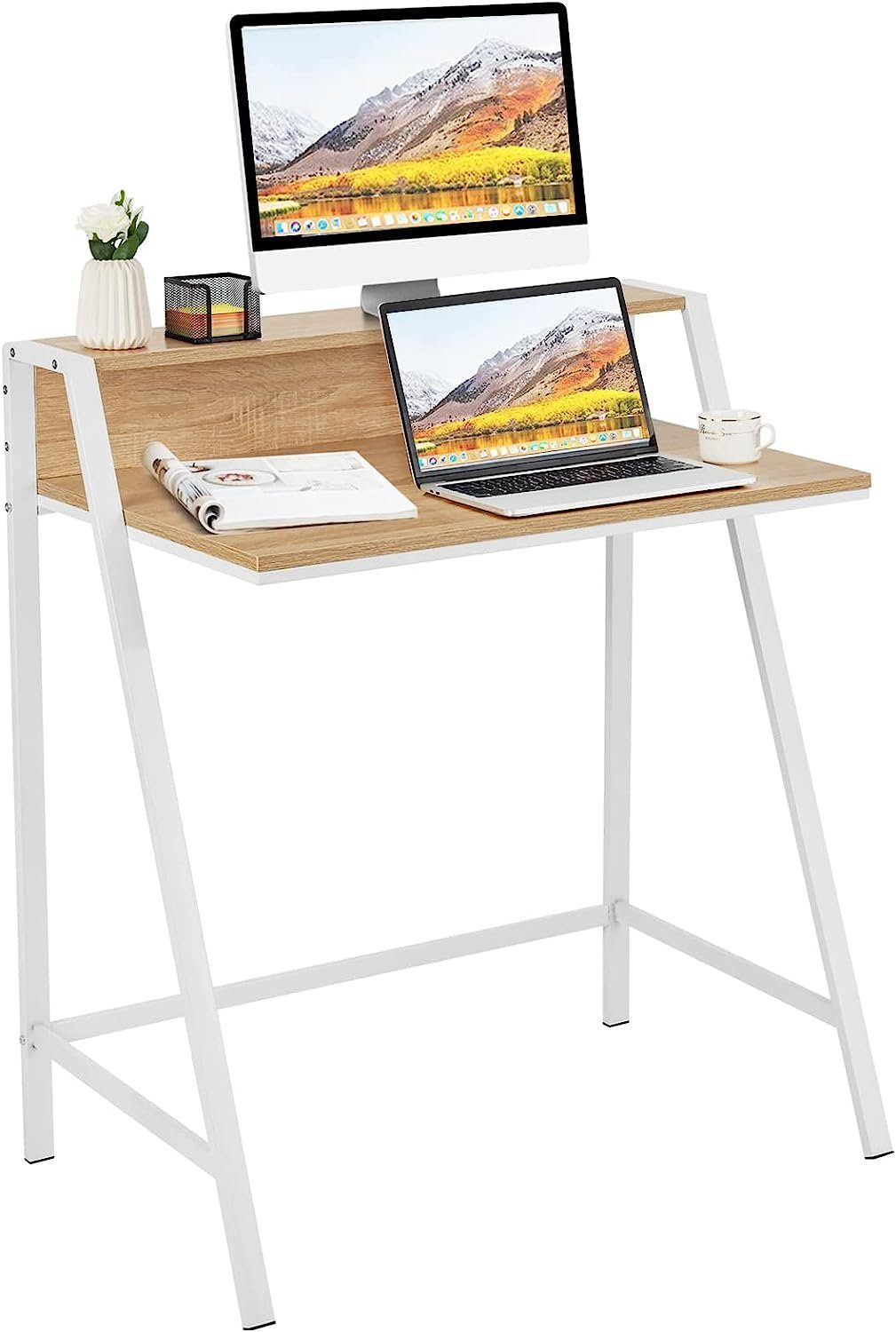 KOMFOTTEU Schreibtisch Computertisch, mit Regal, für PC Laptop Natur