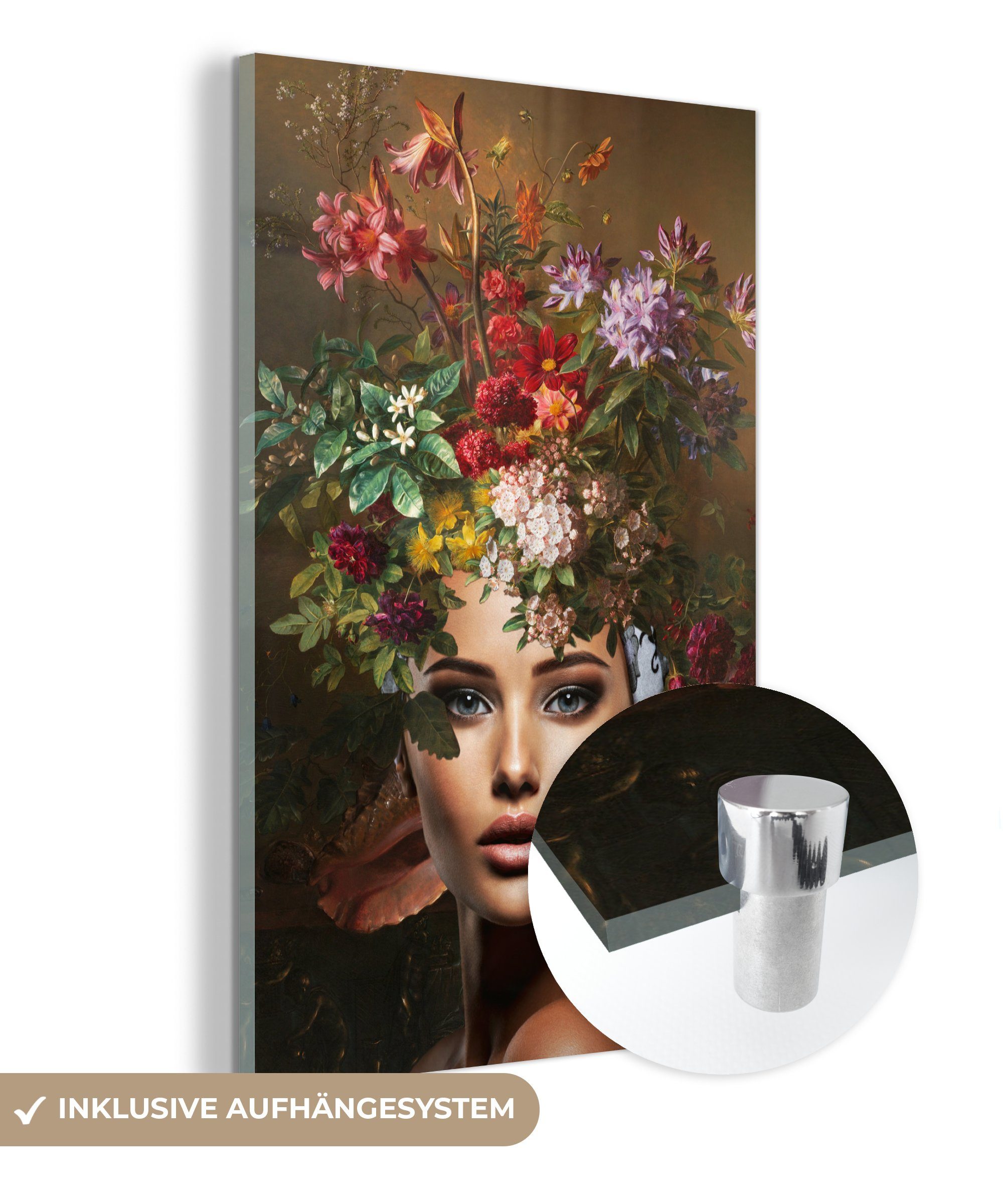 MuchoWow Acrylglasbild Frau - Blumen - Farben, (1 St), Glasbilder - Bilder auf Glas Wandbild - Foto auf Glas - Wanddekoration