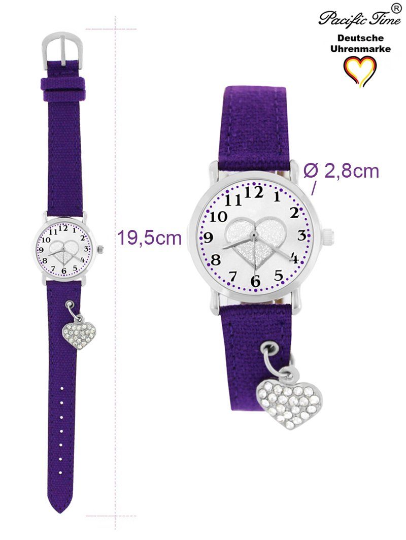 Pacific Time Quarzuhr Kinder Armbanduhr mit Herzanhänger Stoffarmband, funkelndes Herzchen am Armband - Gratis Versand