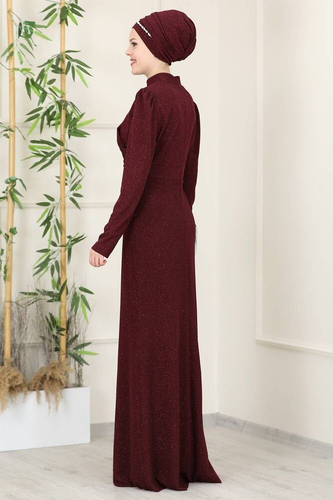 Maxikleid langärmliges Abiye Damen Abendkleid Kleider Stoff Glitzer Bordeaux Hijab Abaya Maxikleid Modavitrini