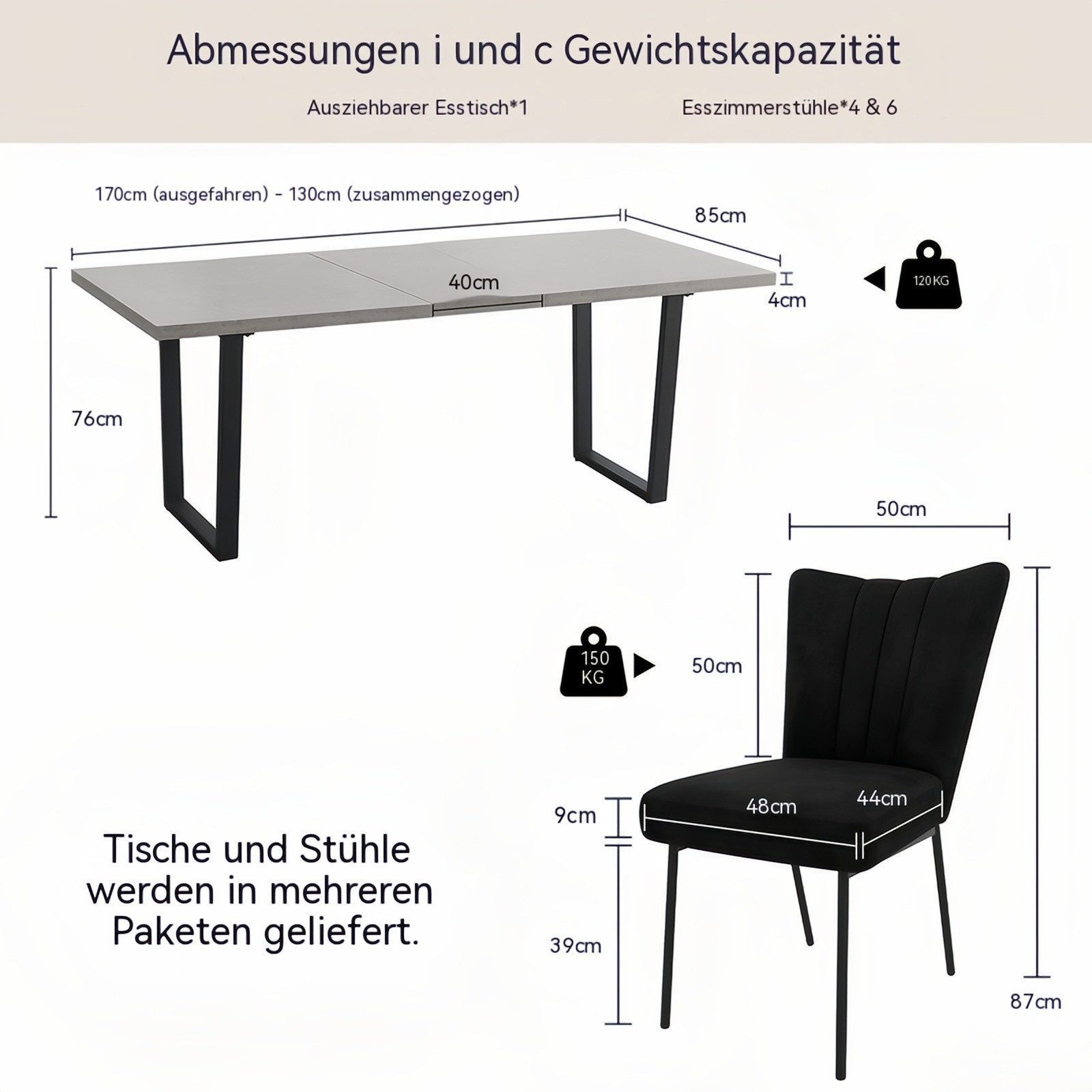 Jiexi Essgruppe Tisch-und Stuhlset, Ausziehbarer Esstisch (130–170 cm) mit 4-6 Stühlen – Bild 2 von 5