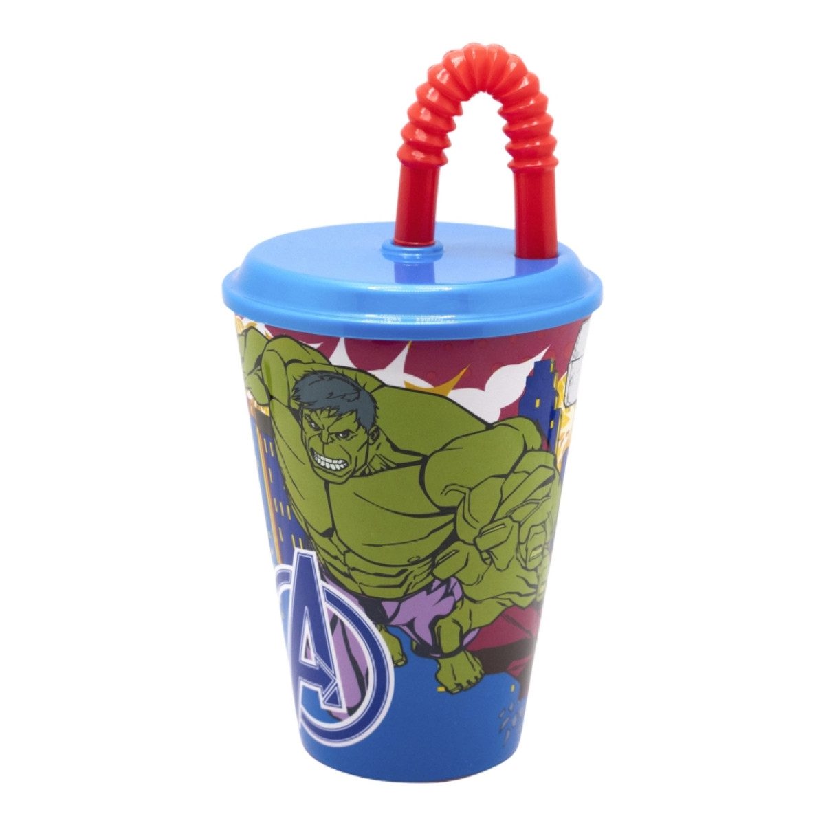 MARVEL Trinkflasche Trinkbecher 430 ml mit Deckel und Strohhalm