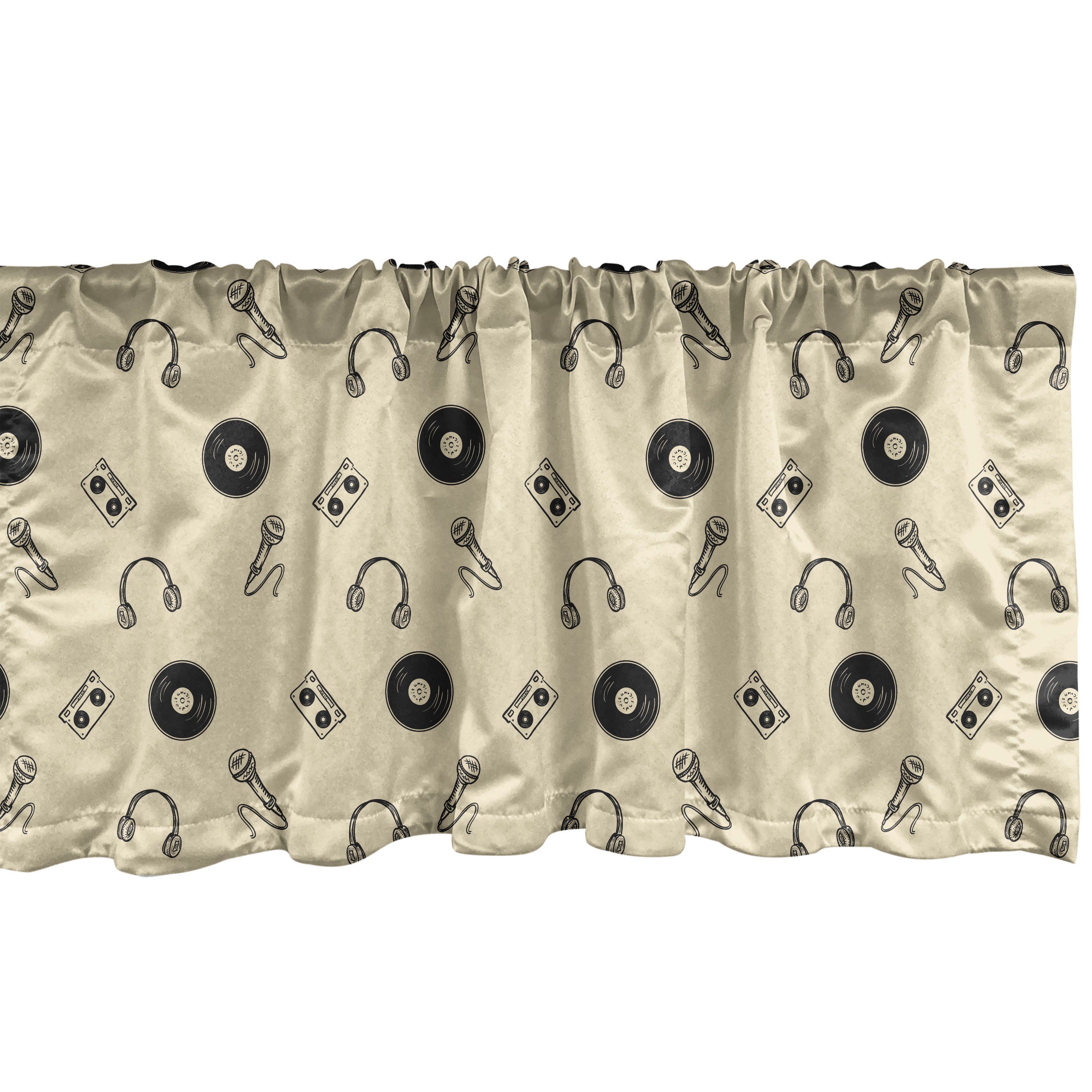 Scheibengardine Vorhang Volant für Küche Schlafzimmer Dekor mit Stangentasche, Abakuhaus, Microfaser, Musik Retro Aufzeichnungen Kopfhörer