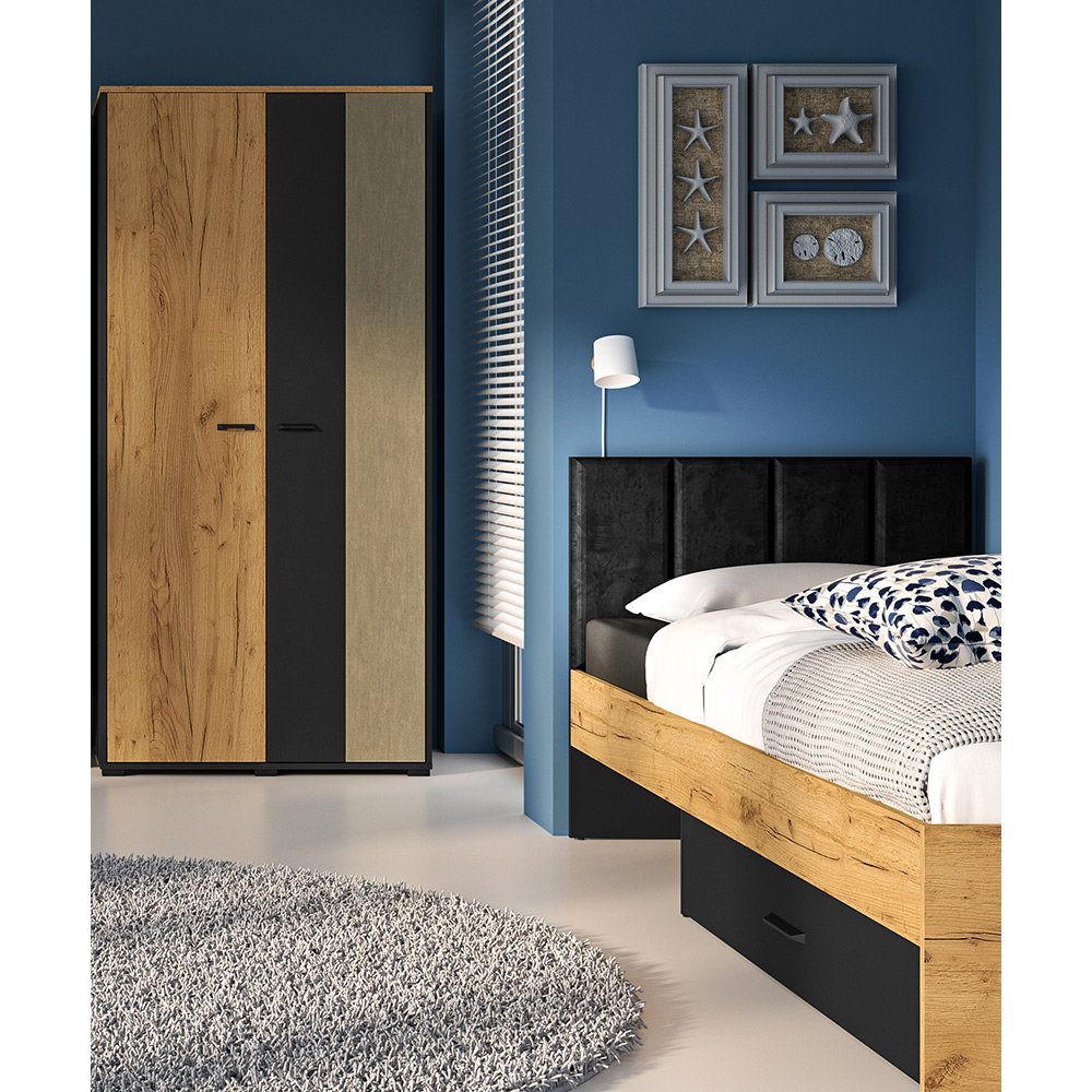 90x200cm Bett 2-tlg), in schwarz/Eiche/sandfarben Lomadox CASPER-131, Jugendzimmer-Set (Sparset, mit