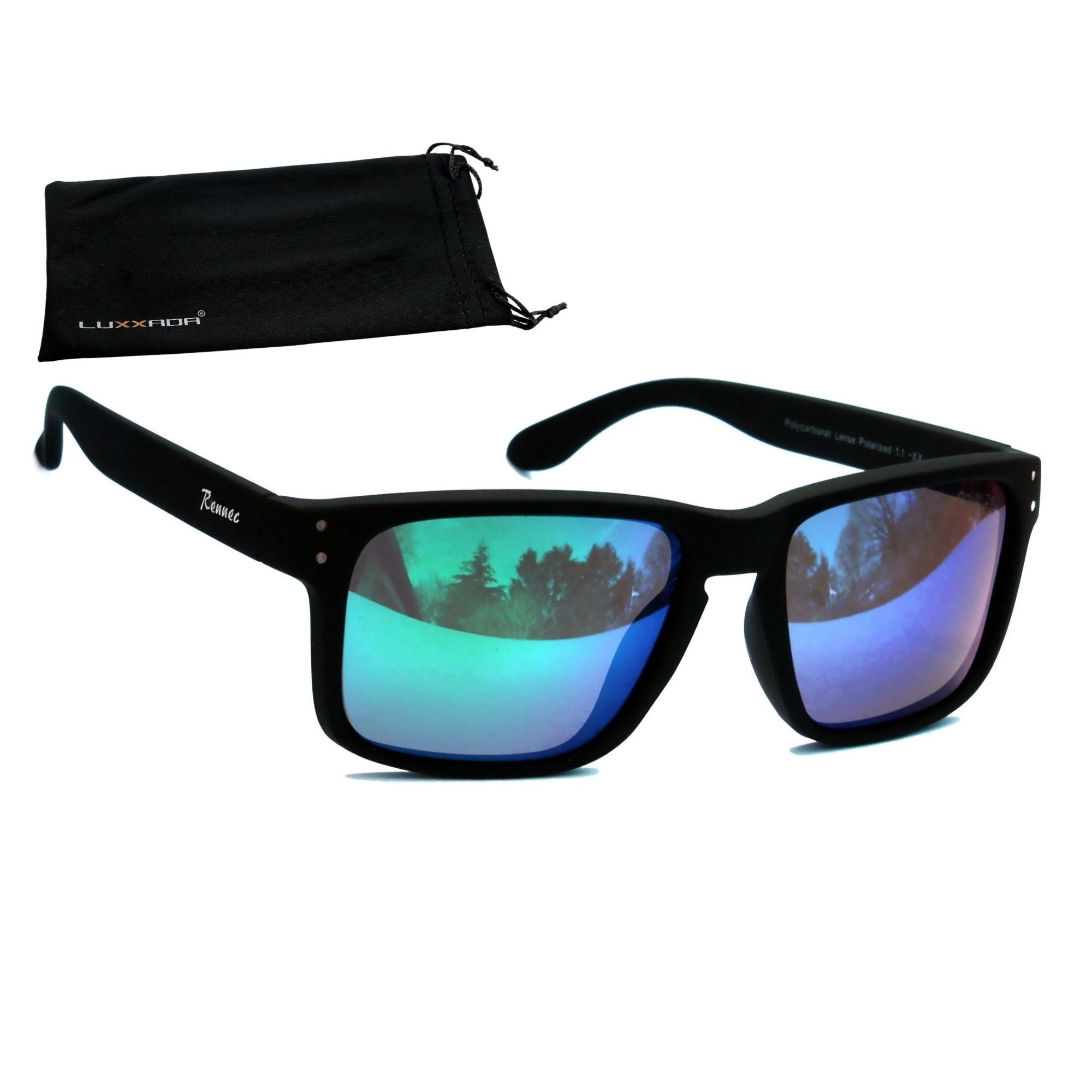 Rennec Sonnenbrille (Herren Markenbrille mit Brillenbeutel) Gläser Polarisiert Grün Blau Verspiegelt stabile 3in2 Bügelgelenke