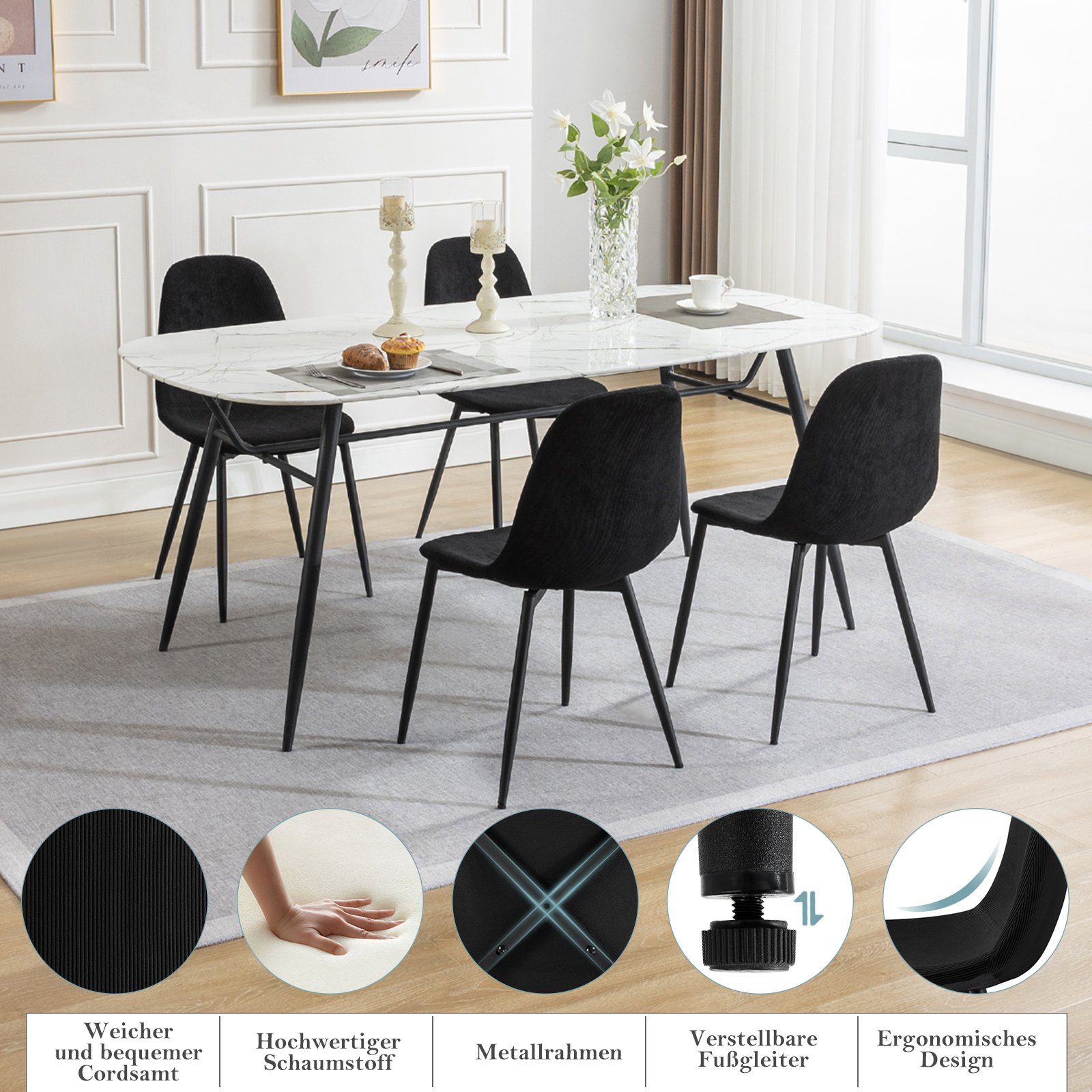 Skandinavisch Schwarz Cord Küchenstuhl Metallbeine, modern, St), EUGAD aus Esszimmerstühle (4