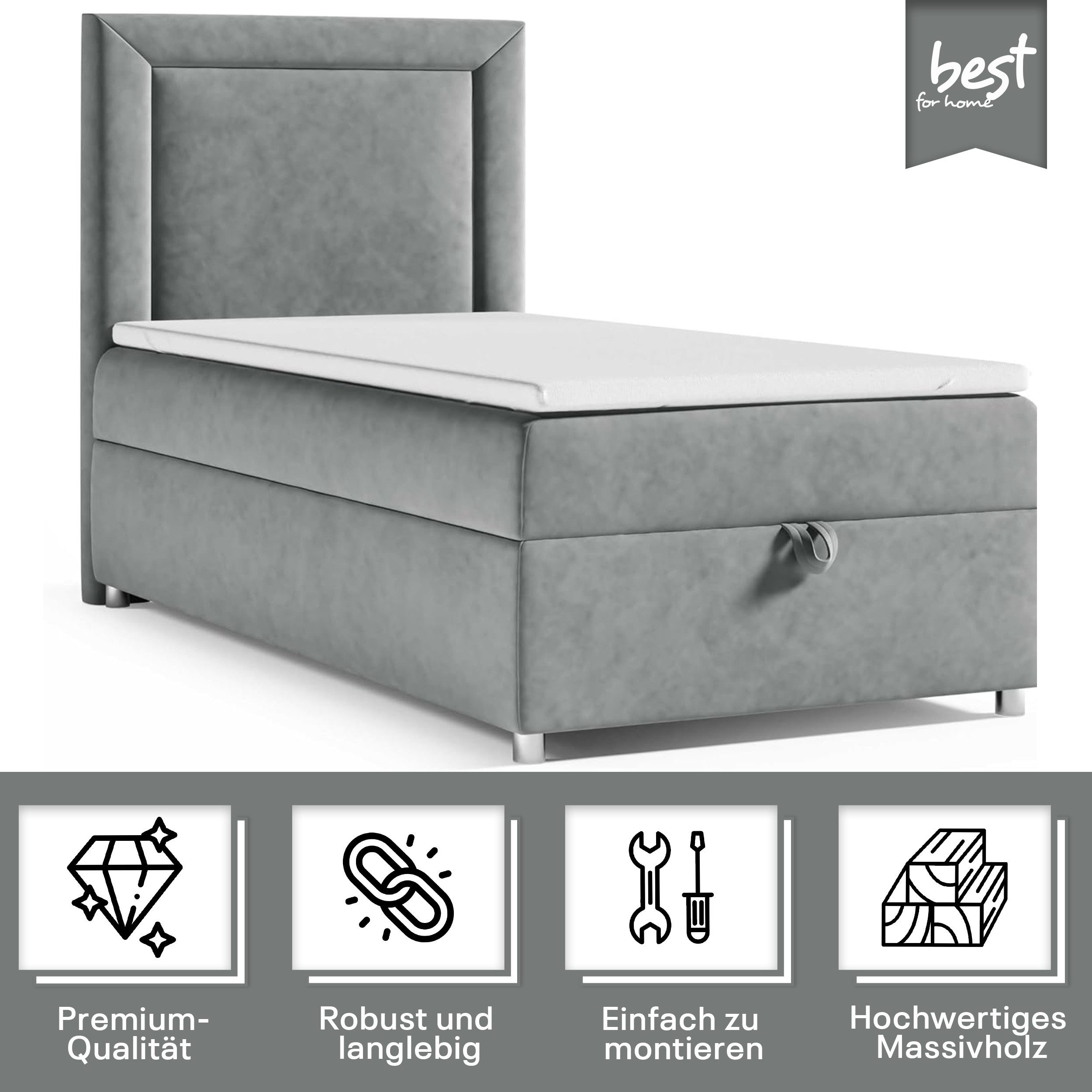Best for Home Boxspringbett Trinity K-3 SINGLE mit Bettkasten & Komfort Topper H3 (Einzelbett, Polsterbett mit gepolstertes Kopfteil, Jugendbett, Kinderbett versch. Größen, 70x200 80x200 90x200 100x200 cm), verschiedene Liefermöglichkeiten, Handwerksqualität