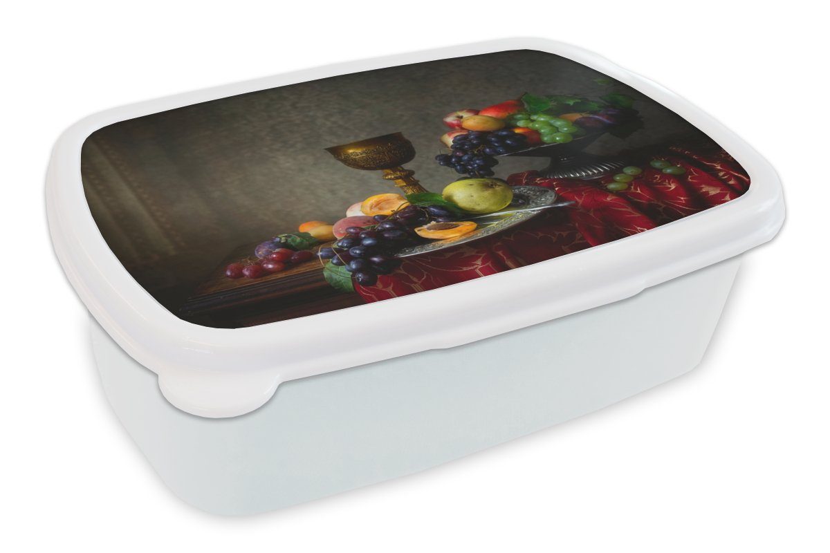 MuchoWow Lunchbox Rustikal - Tisch - Obst - Stilleben - Tasse, Kunststoff, (2-tlg), Brotbox für Kinder und Erwachsene, Brotdose, für Jungs und Mädchen weiß
