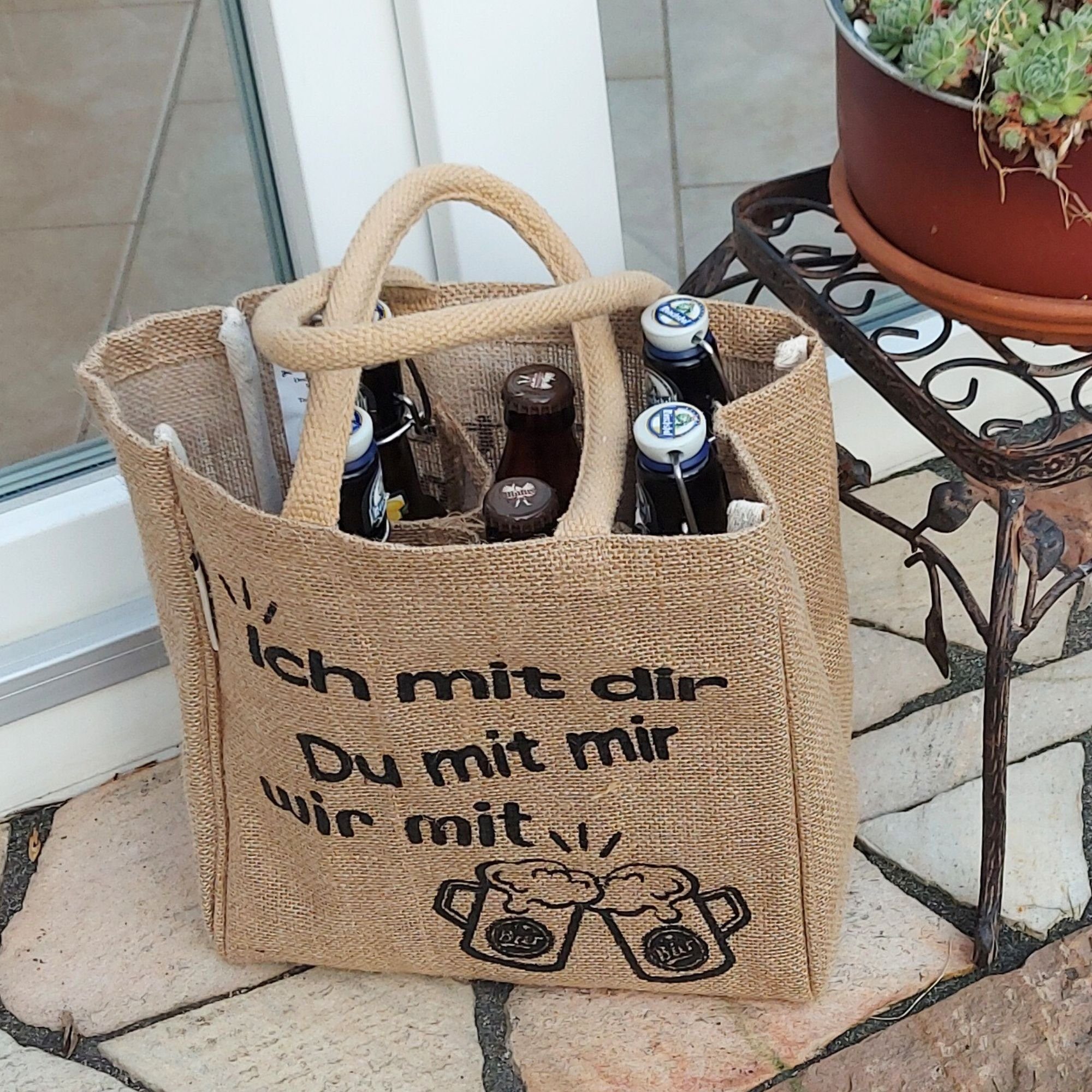 Domelo Flaschenkorb für Jute dir Aufdruck Geschenke Lustiger Männer, Flaschentasche Vegan mit Bierträger Flaschenkorb Ich