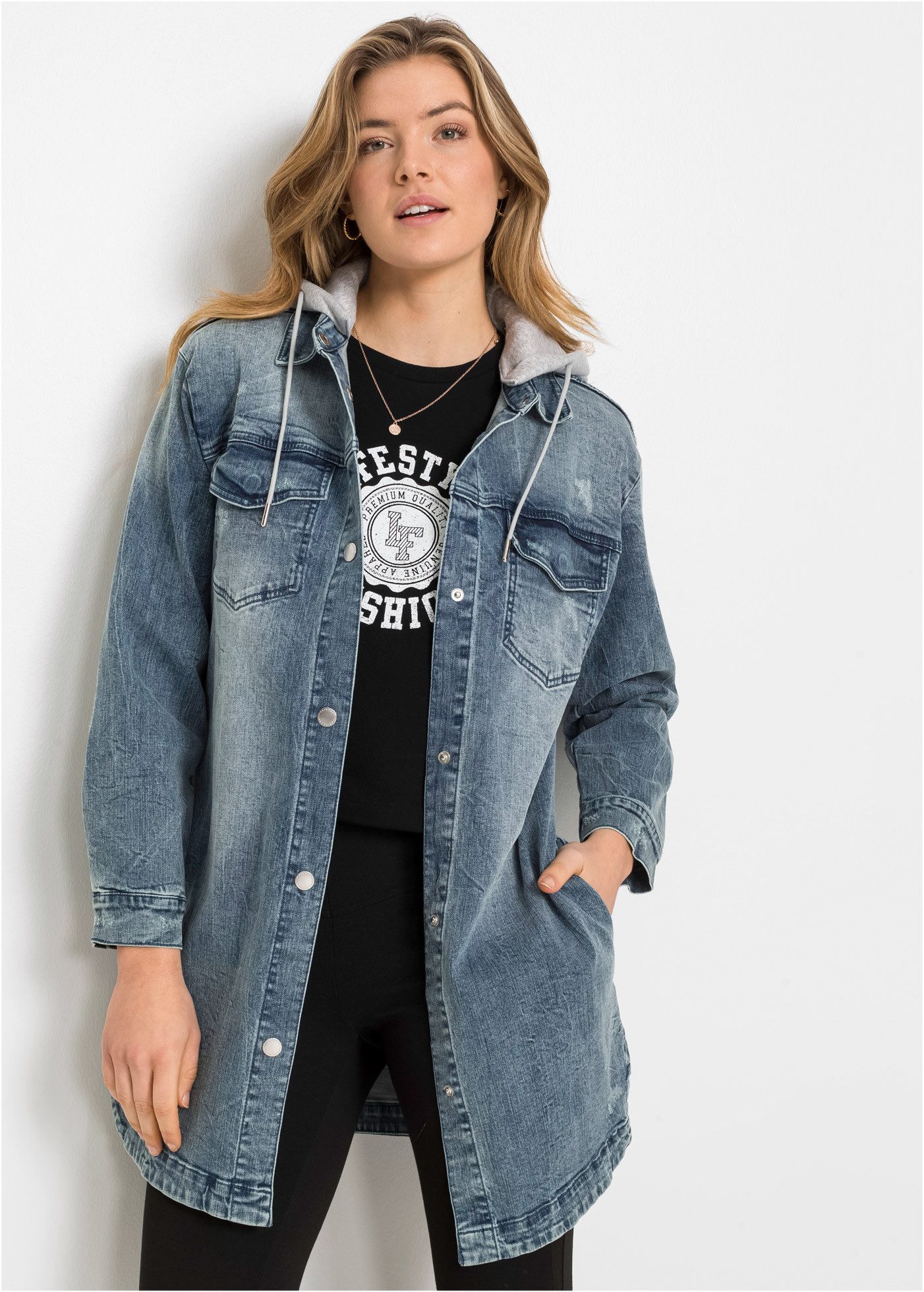 bonprix Jeansjacke lange, bequeme Passform, mit Eingriffs- und Brusttaschen günstig online kaufen
