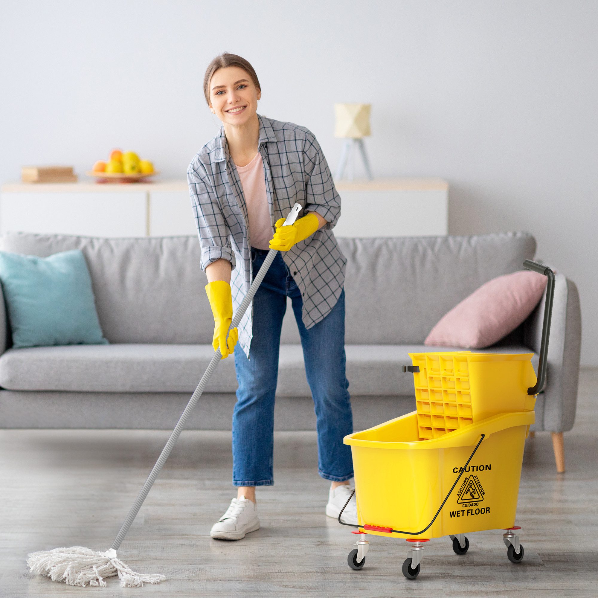 HOMCOM Тележки для уборки Wischeimer mit Wringer auf Rädern zur Bodenreinigung, (Down-Press-Wringer mit Griff, 1-St., 36 Liter), Gelb