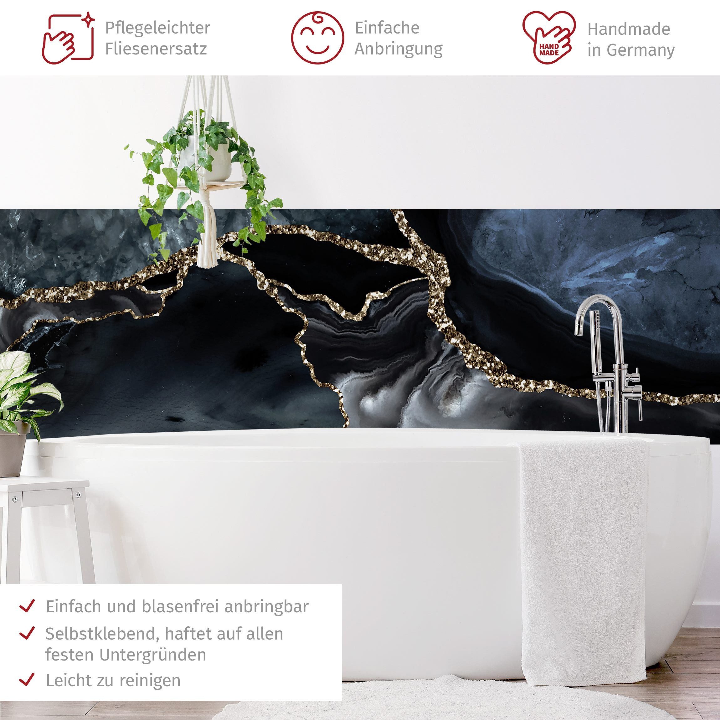 Bilderdepot24 Badrückwand schwarz fugenlose Wandverkleidung Bad Abstrakt, (Hartfolie matt » Selbstklebend SMART 0,35 mm), wasserfestes Wandpaneel Schwarz Glitzer Gold