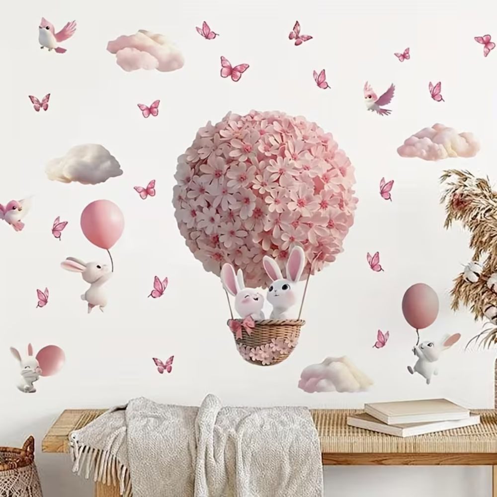 Montegoni Wandsticker Rosa Hase Heißluftballon Wandsticker mit Schmetterlingen und Vögeln (Einzelset Wandaufkleber, 1 Set Wandsticker), Selbstklebend, Ablösbar, Mehrteilig, Dekorativ
