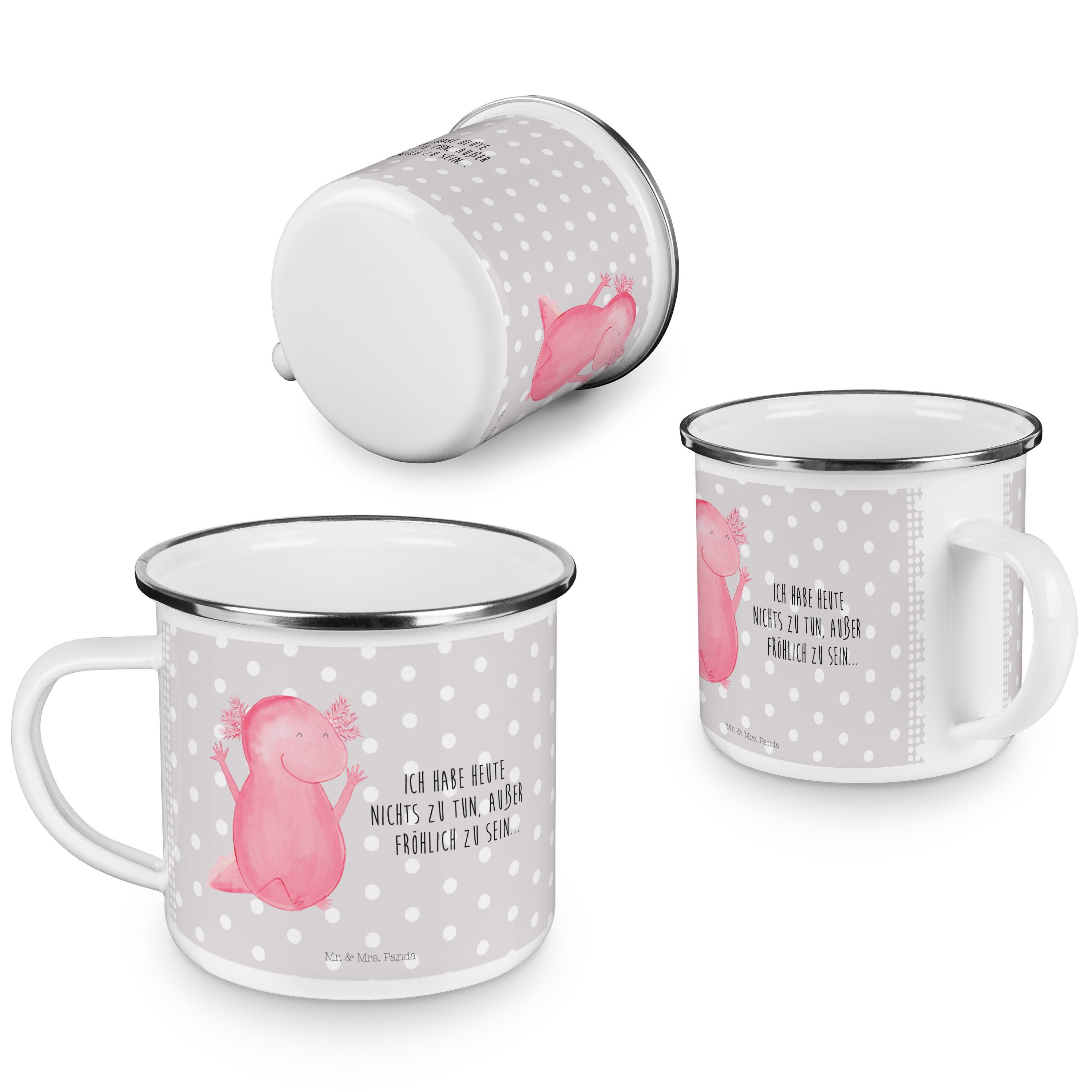 Mr. & M, Geschenk, Axolotl Freude, Hurra Becher Kaffee Grau - Mrs. Panda - Pastell Emaille Blechtasse