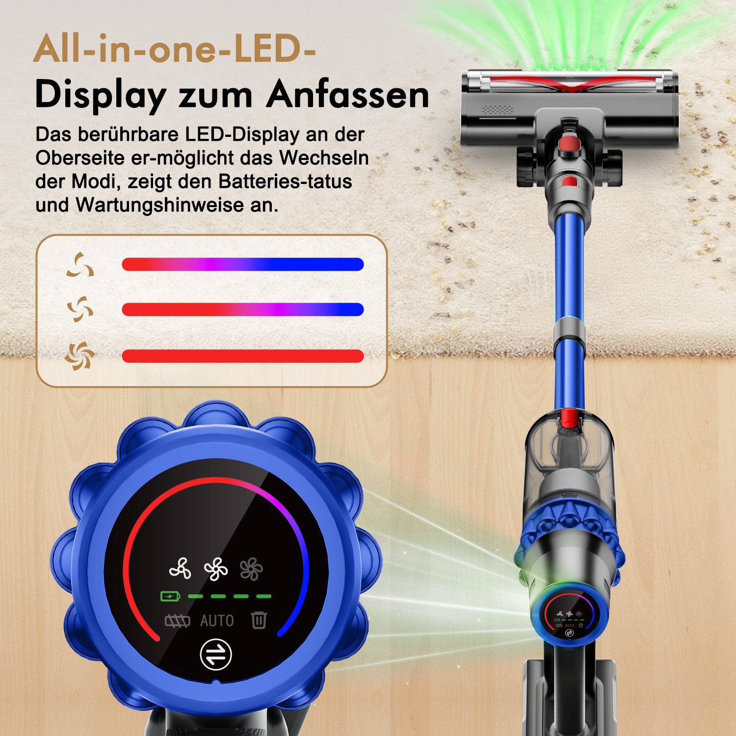 Adormii Akku-Hand-und Stielstaubsauger Akku Staubsauger 80000pa, Staubsauger Kabellos, 70Min/1,8L, beutellos, Smart LED-Display, grünem Licht, für Teppich, Hartböden, Tierhaare
