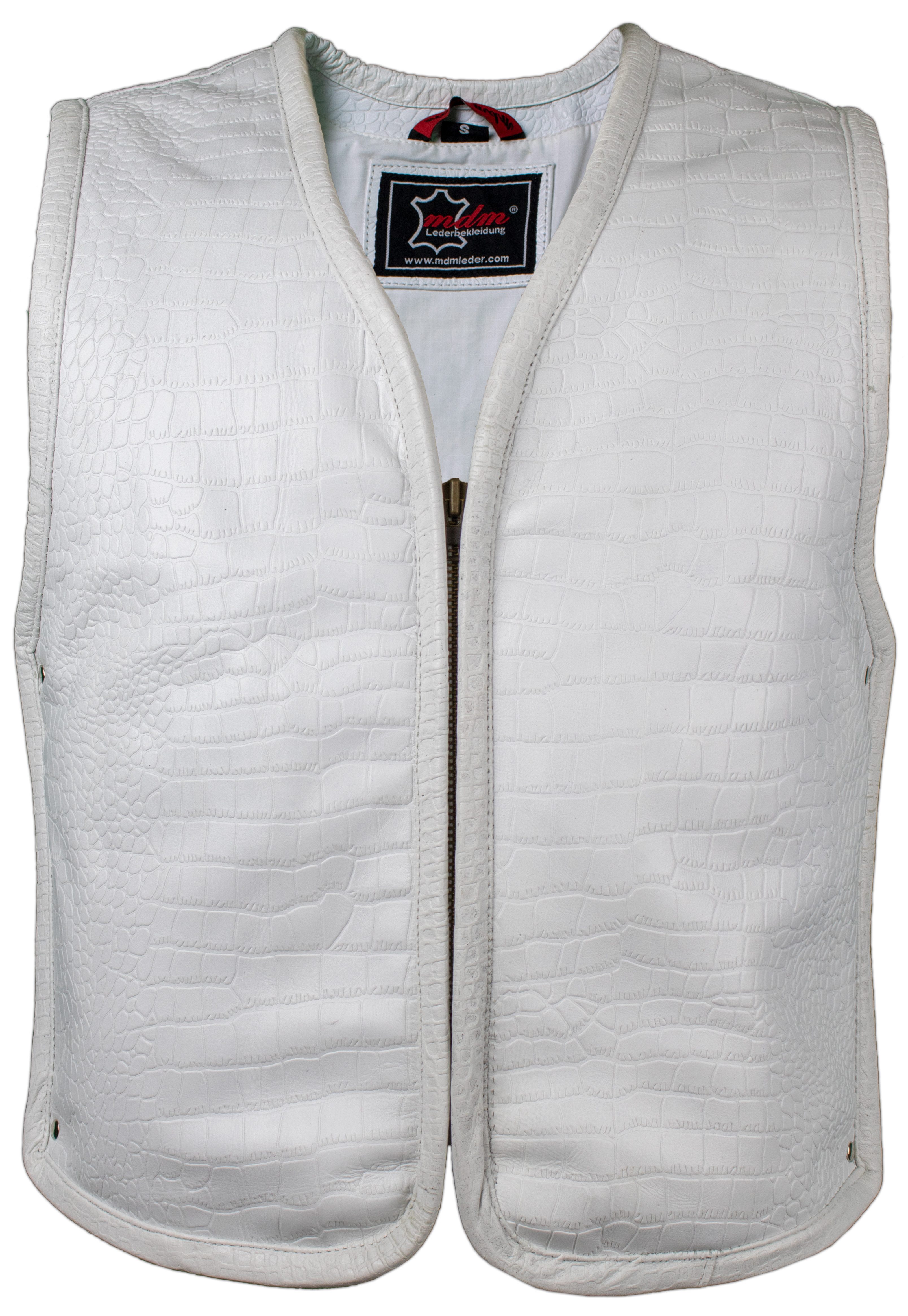 MDM Motorradweste Herren Biker Clubweste Weiß Croco Look, Echtleder ohne Rückennaht (Biker Lederweste Kutte in Weiß) Croco Look, ohne Rückennaht, erweiterbar, ideal für Patches