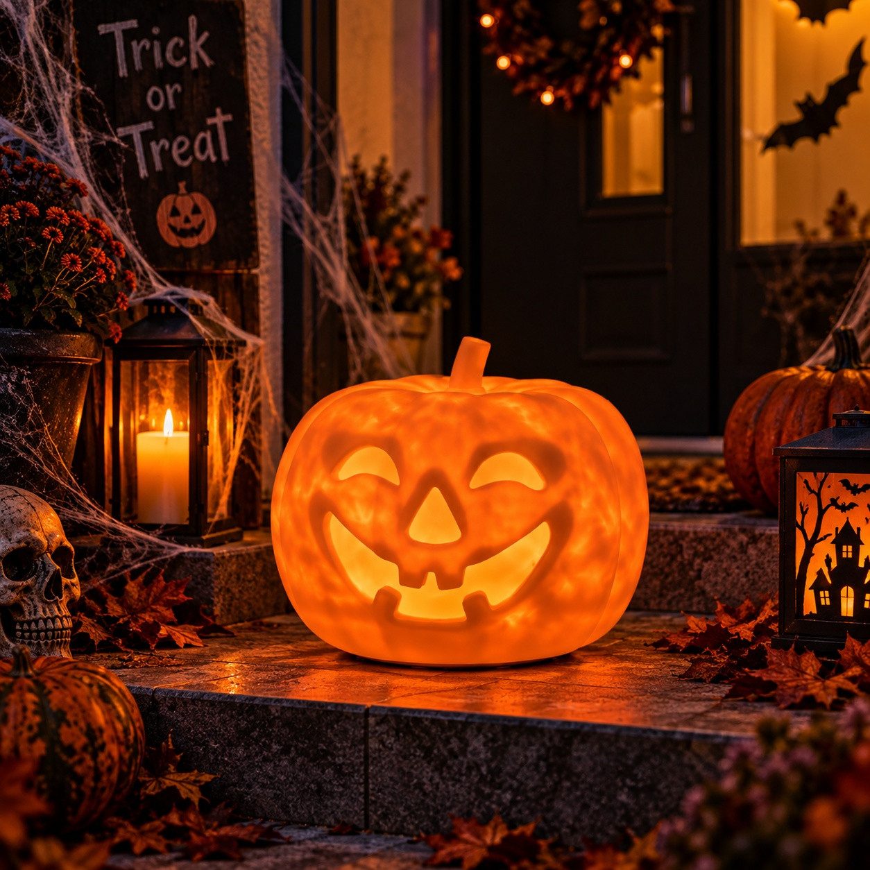 MeLiTec LED Gartenleuchte Halloween LED Kürbis, LED fest integriert, Bewegter RGBW-Lichteffekt mit Polarlicht-Optik mit Fernbedienung, 30 cm Durchmesser