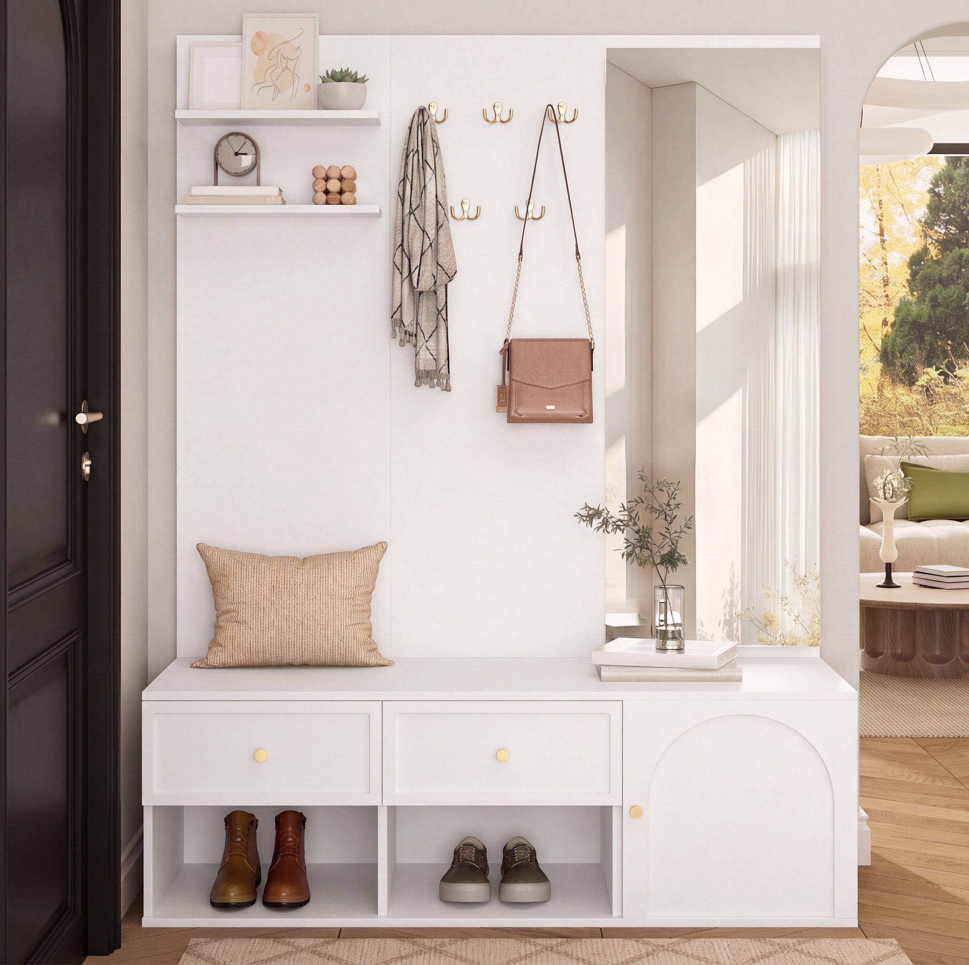 REDOM Garderobenschrank Garderobenständer, Garderobenmöbel mit Spiegel, Sitzbank (5 Haken und Stauraum, inklusive Schubladen und Regal, Garderoben-Set, Garderobe für den Eingangsbereich, 120×35×159 cm)