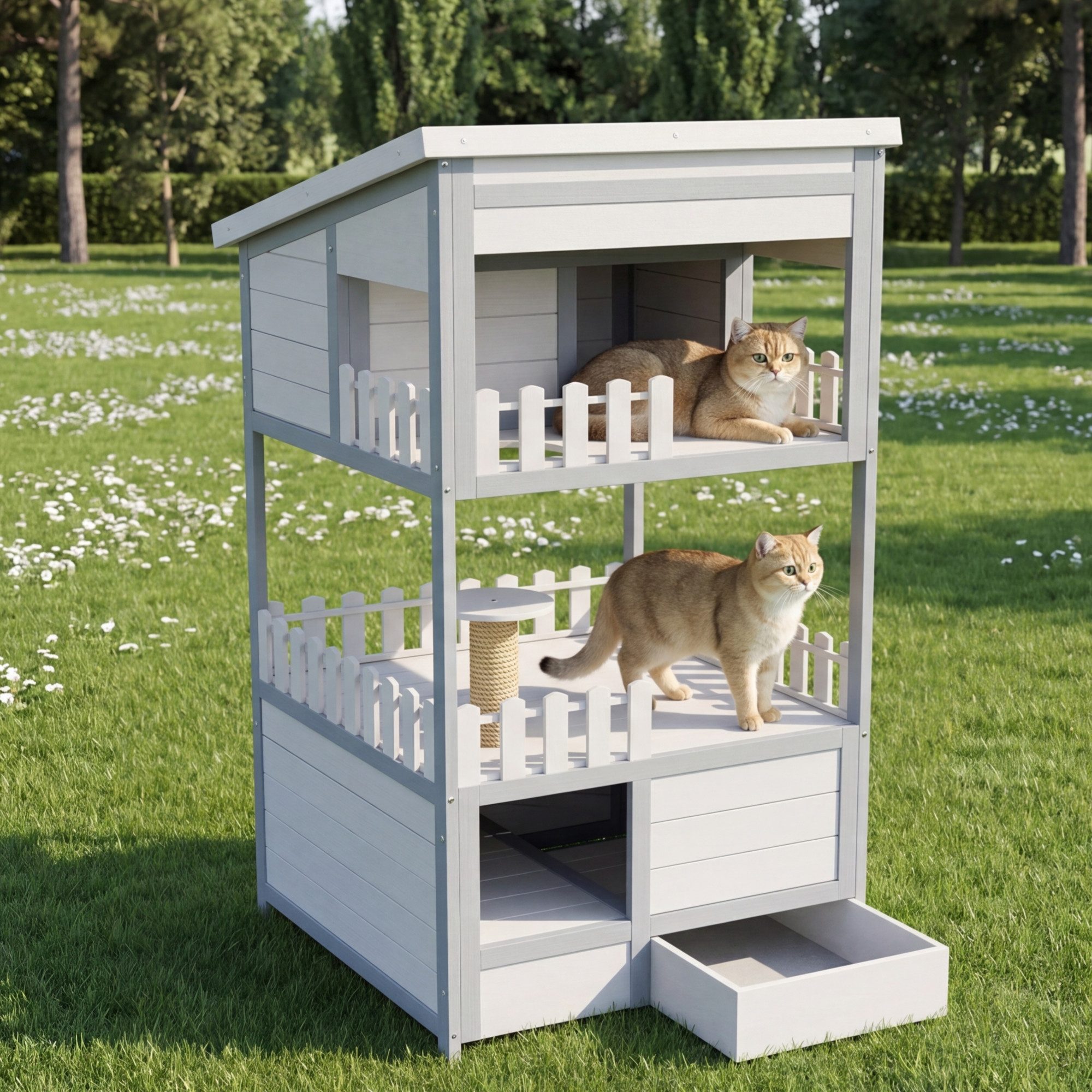 Flieks Katzenhaus, Outdoor Tierhaus mit verzinkter Katzentoilette, 68 x 64 x 124 cm