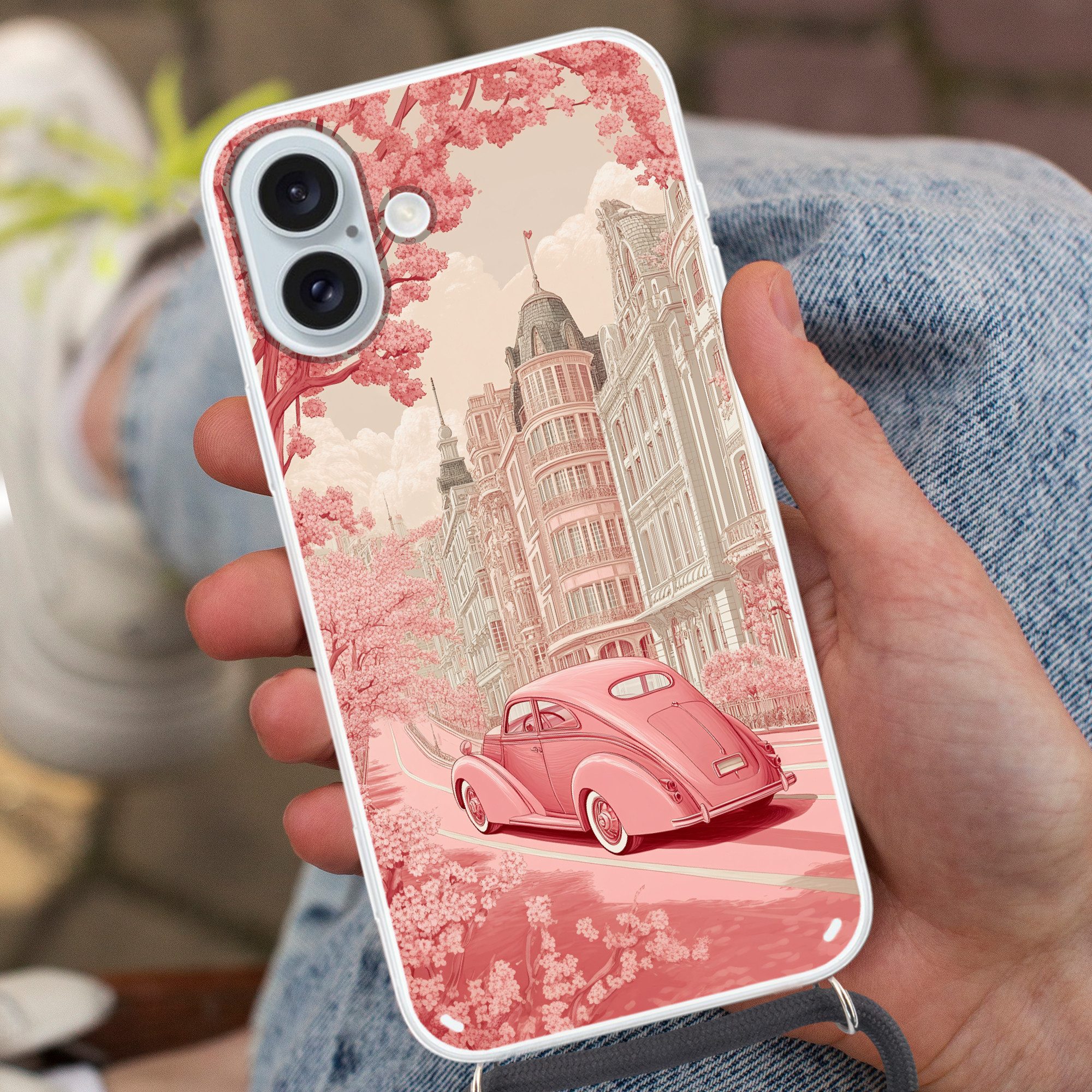 MuchoWow Handyhülle für Apple iPhone 16 Plus Stadt - Auto - Rosa, Tragbare Handyhüllen mit Kette zum umhängen, Handykette Handyband