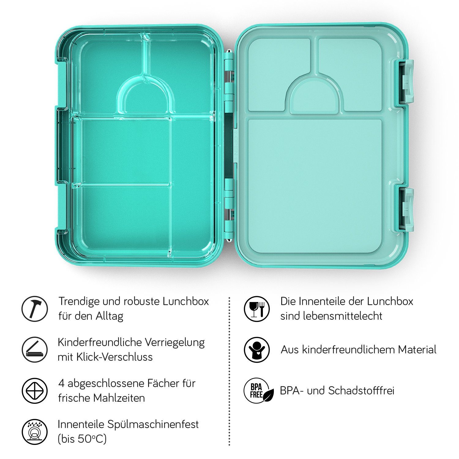 Brotdose Auslaufsicher Lunchbox mint Fächer) Kinder Tritan, (6 BPA-frei- Vesperdose, Kinderfreundliche Brotbüchse, & Verriegelung bumpli®