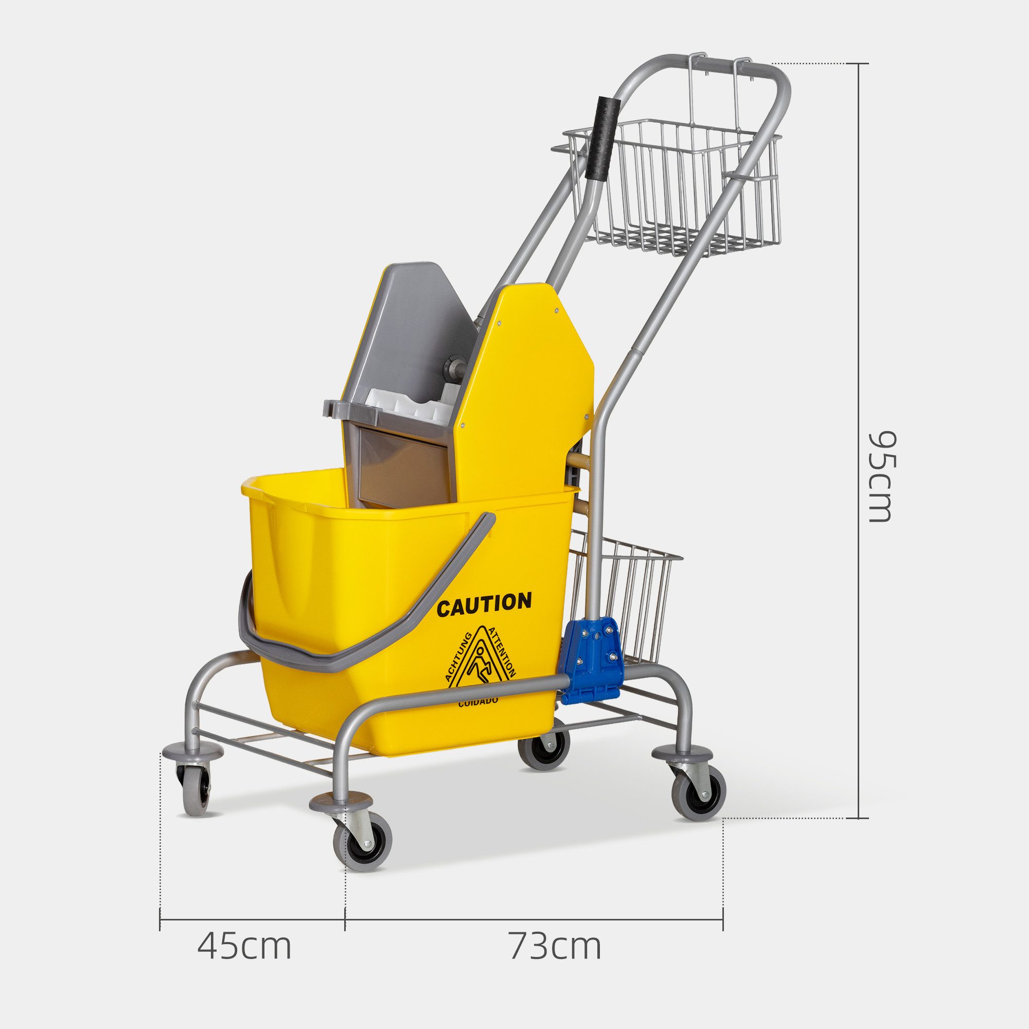 HOMCOM Putzwagen Reinigungswagen Wischwagen mit Wringer, Haushaltswagen Gelb, (Set, 1-St., Reinigungswagen mit Eimer und Auspresser), 26L Eimer, 2 Werkzeugkörbe, 4 Rollen, Mopphalter