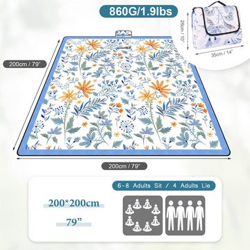 Picknickdecke Picknidecke wasserdicht waschbar, Stranddecke Sandfrei,170 x 200 cm, CoolBlauza, Campingdecke,mit wasserdichter Unterseite (Weiß mit Blumen)