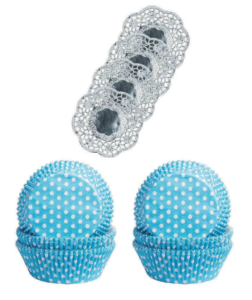 Demmler Muffinform 2er Set Punkte Weiß/Türkis - Inklusive Tassendeckchen in Silber, zum Dekorieren und Backen von Muffins - Made in Germany