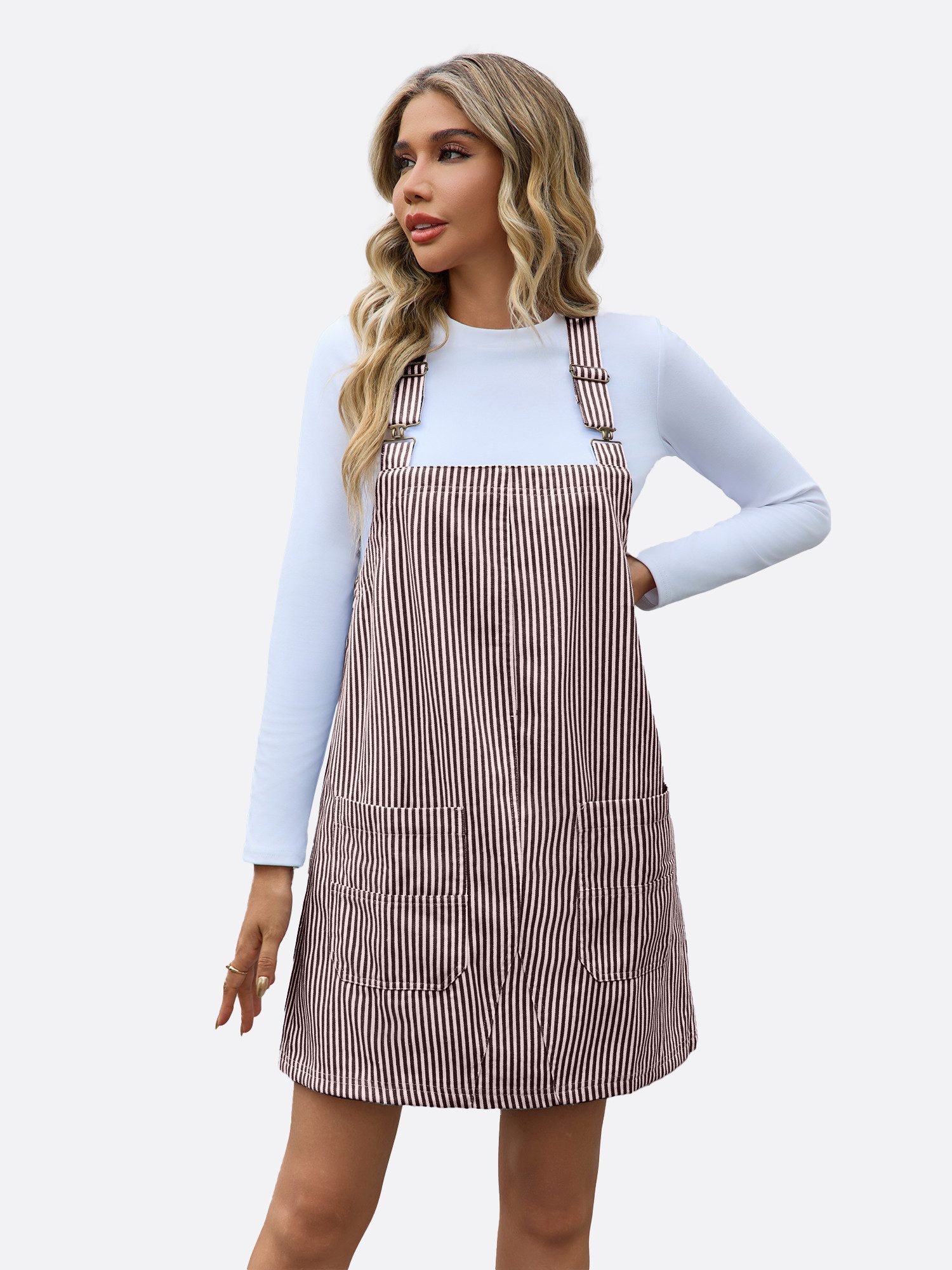 Imily Bela Jeanskleid Damen Gestreiftes Trägerkleid mit Verstellbaren Schultergurten (Packung, 1-tlg., 1per-Pack) Eingrifftaschen