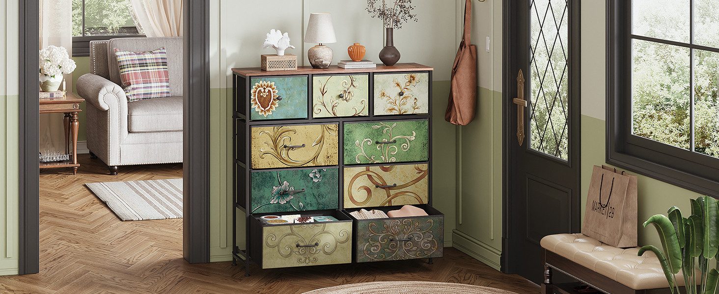 FUROKOY Kommode Stauraumschrank,Schrank Schlafzimmer,Metallrahmen,Retro Stil, Blumenmuster,9 Schubladen