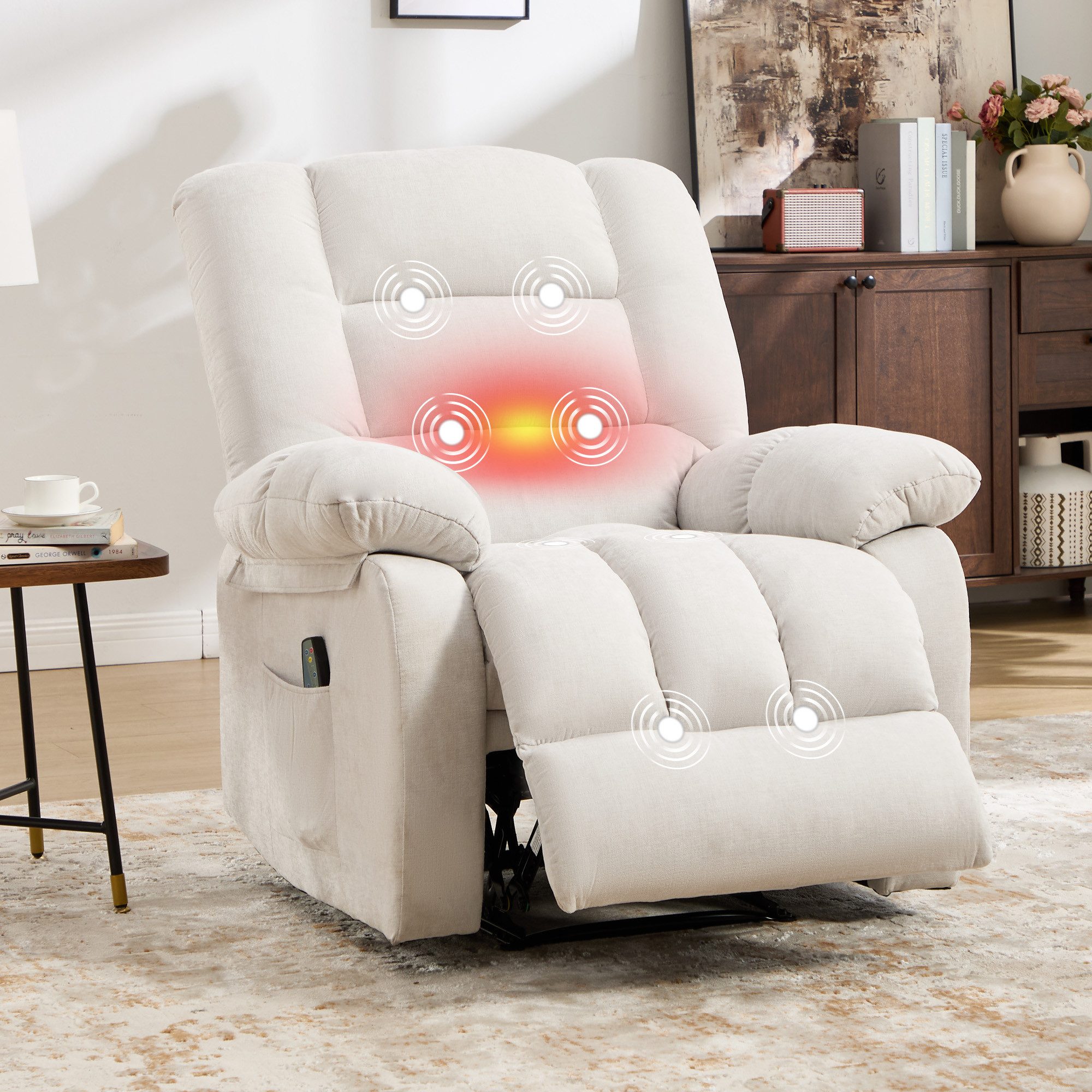 CANMOV Relaxsessel verstellbarer Massagesessel mit Liegefunktion und Wärmefunktion, Ergonomisch Lesesessel mit Seitentasche, 90°-160°