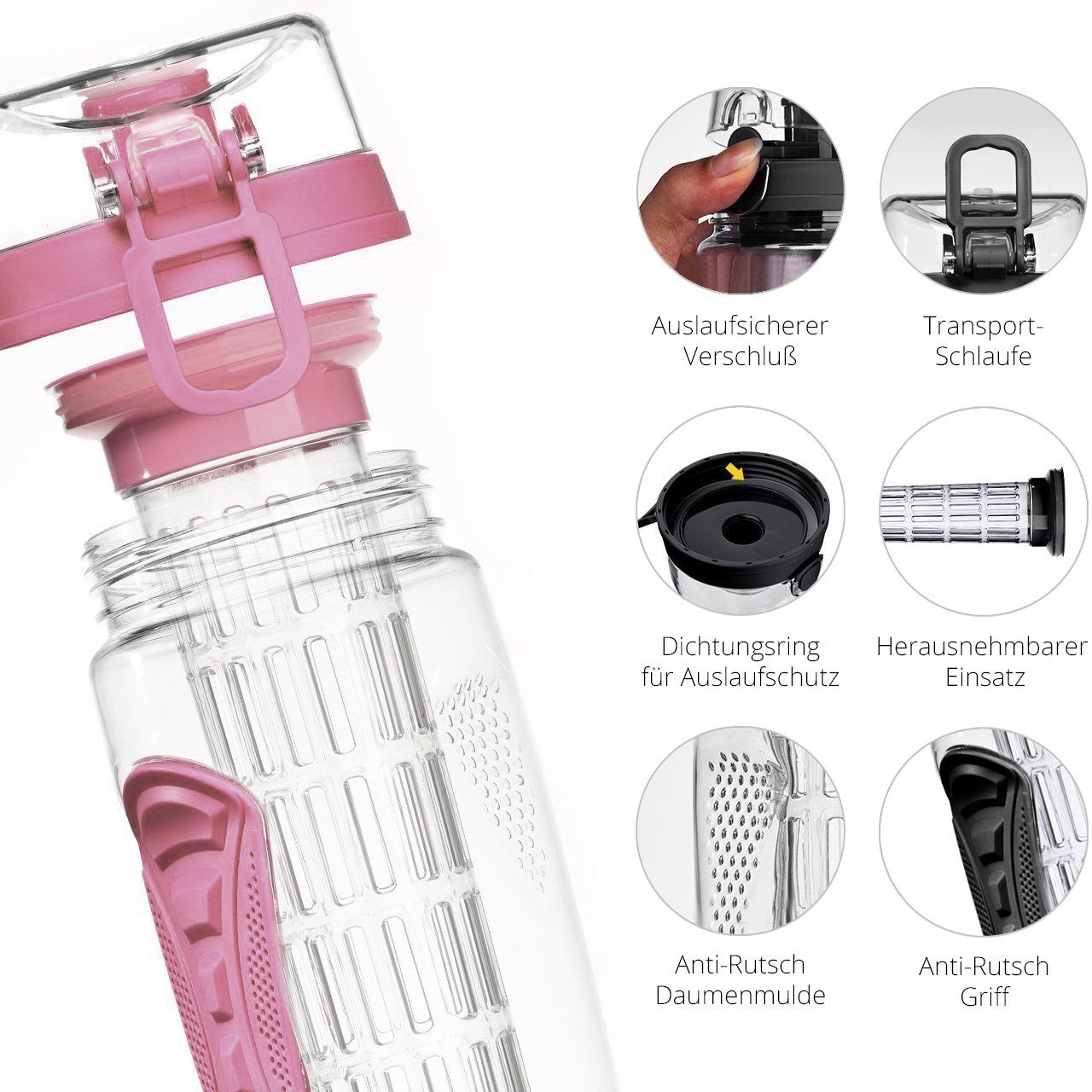 LA VAGUE Trinkflasche VITALITY Trinkflasche mit Einsatz, Trinkflasche mit Früchtesieb für perfekt aromatisierte Getränke
