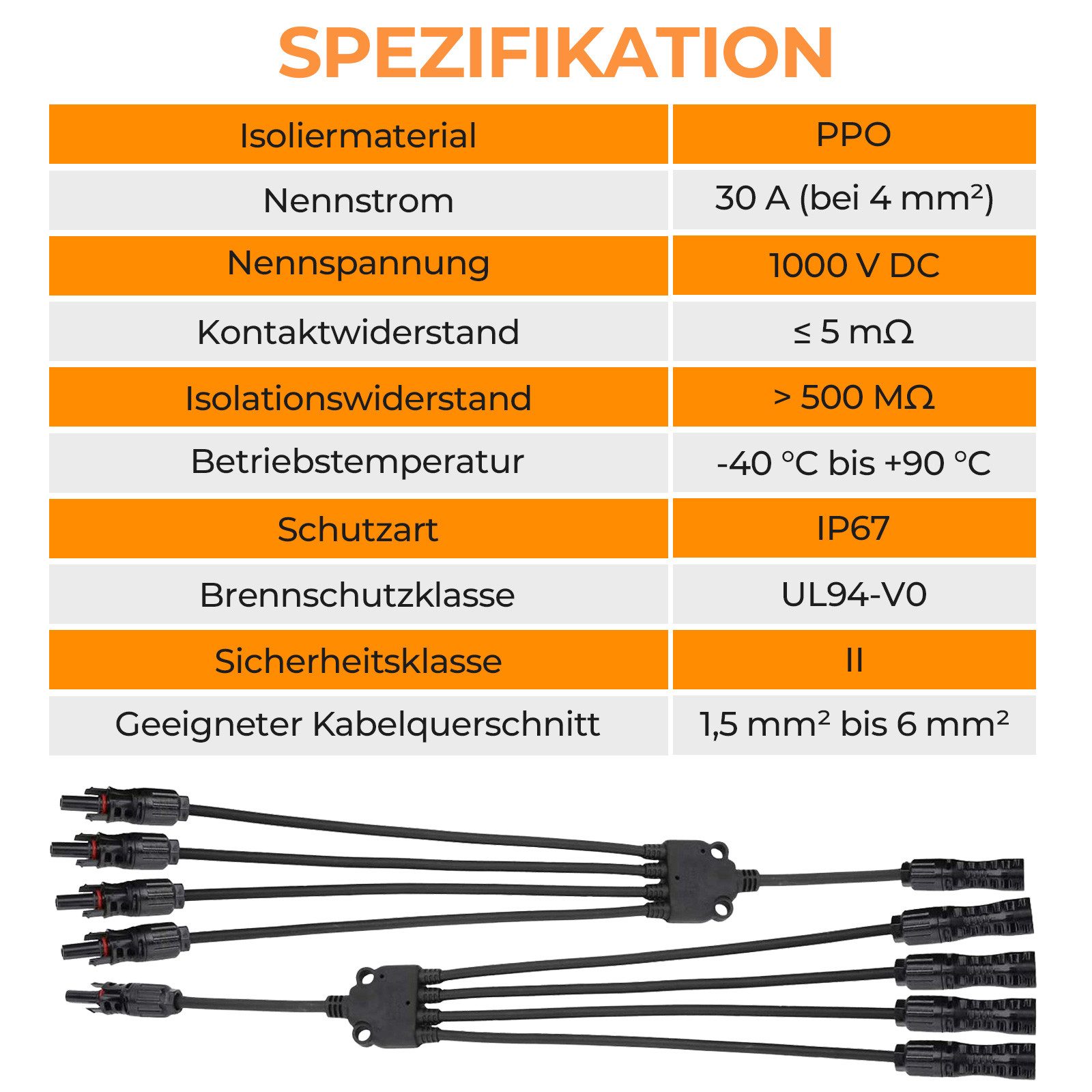 Rhein Beleuchtung Solarmodul Solarstecker Verteiler Set 1 zu 2/3/4 MC4 Y-Stecker Verbindung, 0 W, Hochreiner Kupferkern und PPE-Material, (Set, 1-St., Für PV-Ka – Bild 5 von 5