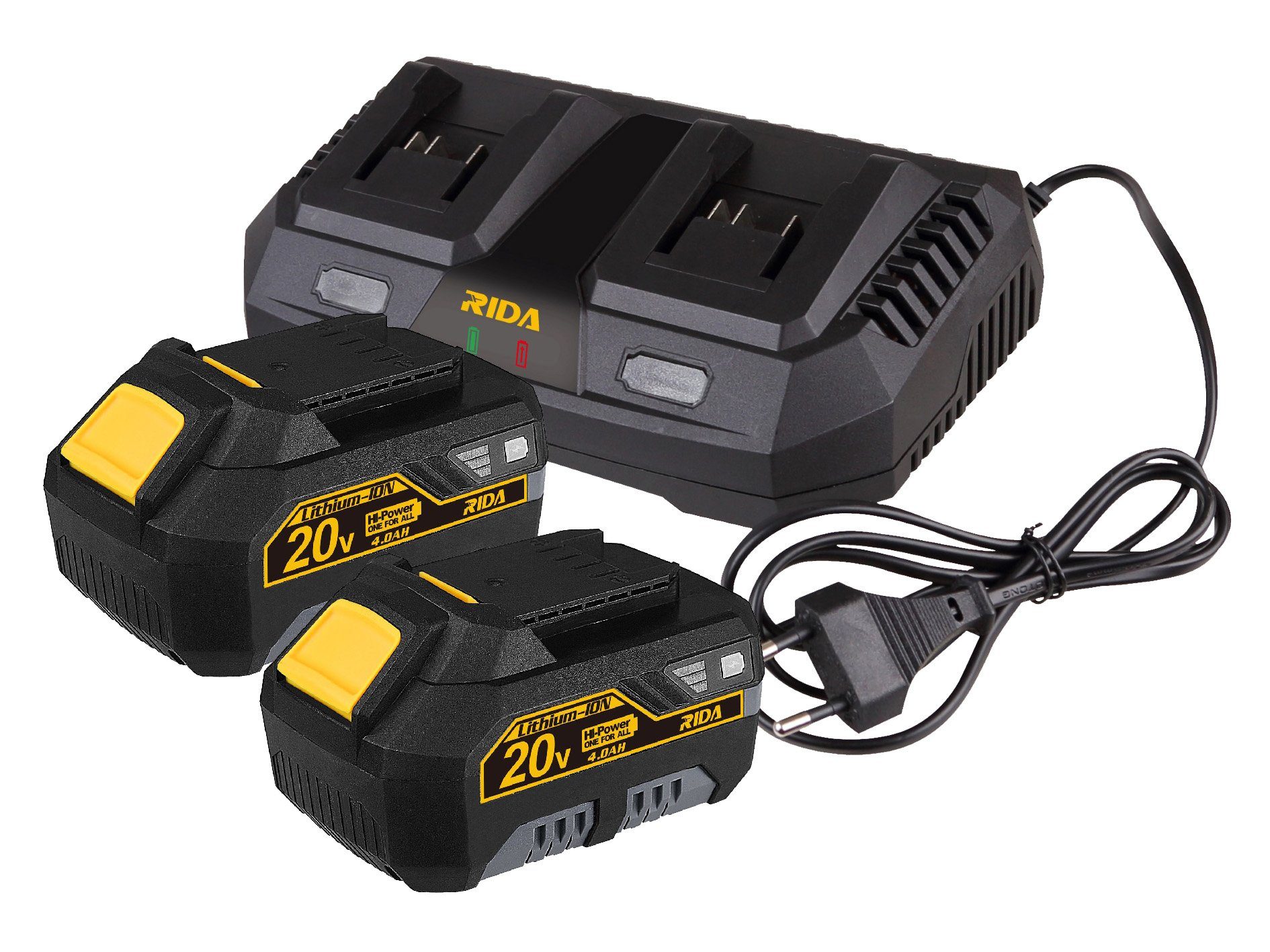 RIDA Set Dual-Schnellladegerät 2x 4Ah + (20V V), Akku-Set LY777S-LI-20V 20V Li-Ionen-Akku LY777S-2150-3000G