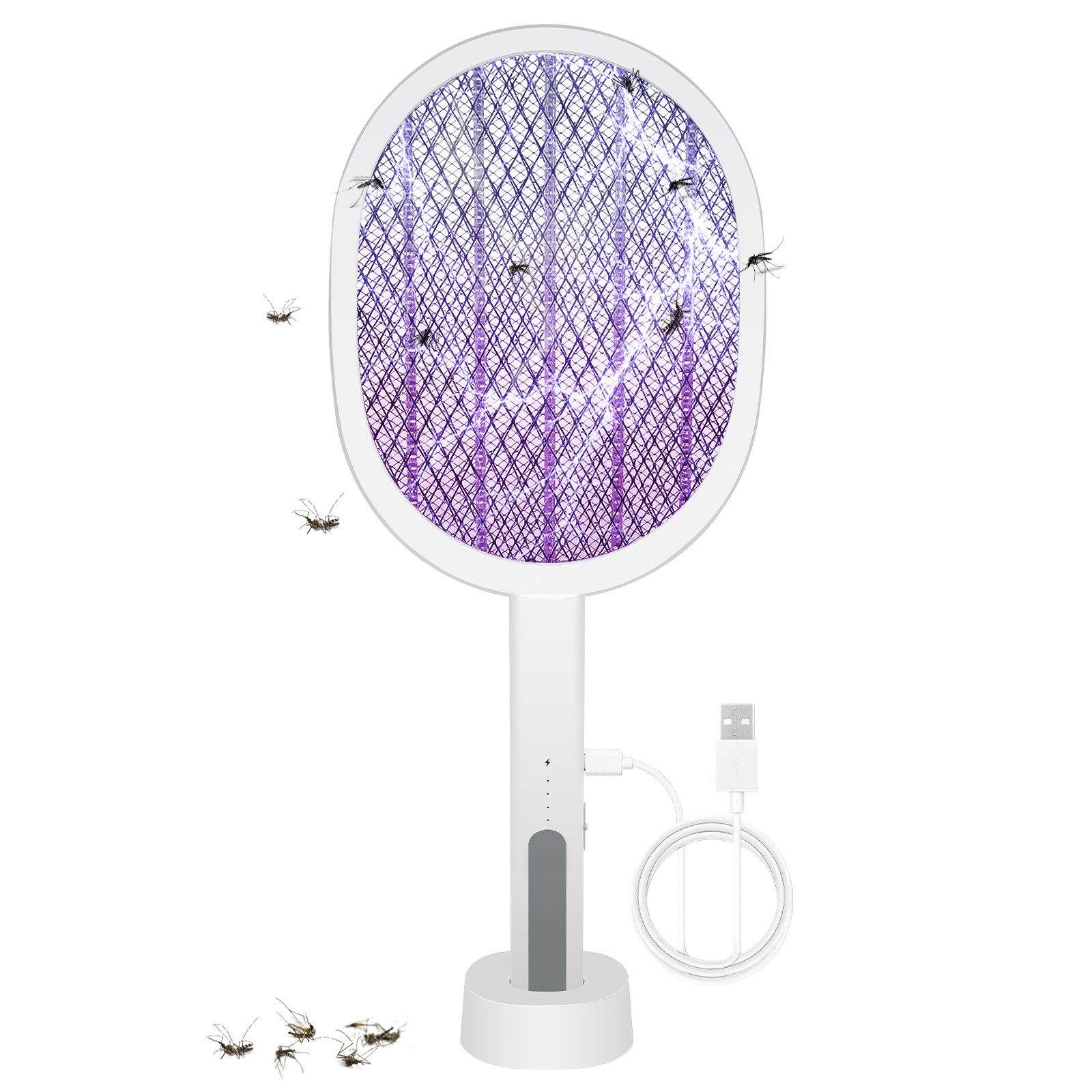 OZAVO Fliegenwedler Elektrische Fliegenklatsche, 3000V Fliegenklatsche Elektrisch, 2 in 1 USB Insektenvernichter Insektenfalle Elektrisch 1-tlg., Aufladbar Elektro Mückenklatsche mit UV Lichtfalle Moskito Weiß